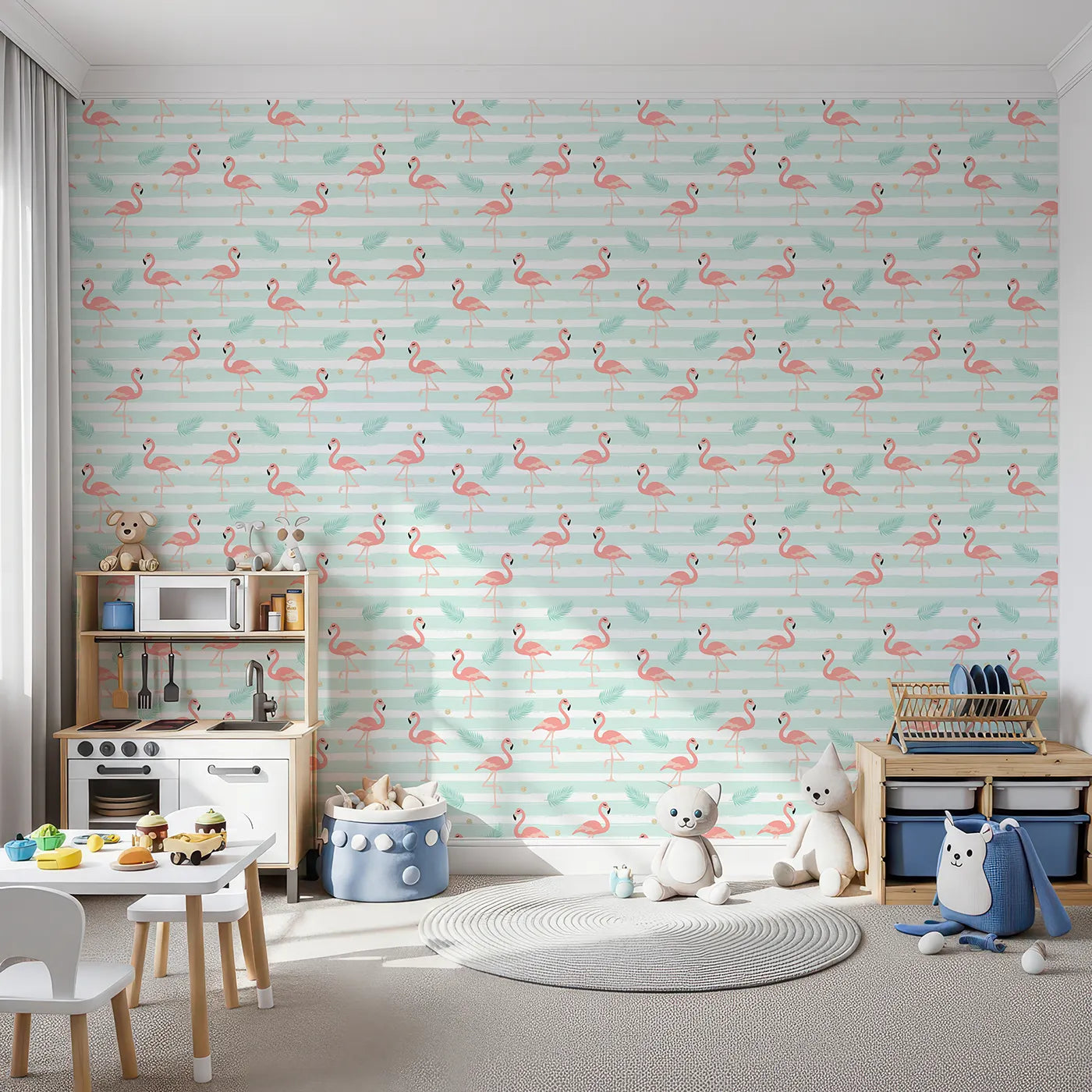 Front view of Whimsy Tots' Flamingo Palm Parade Wallpaper in Mint Green