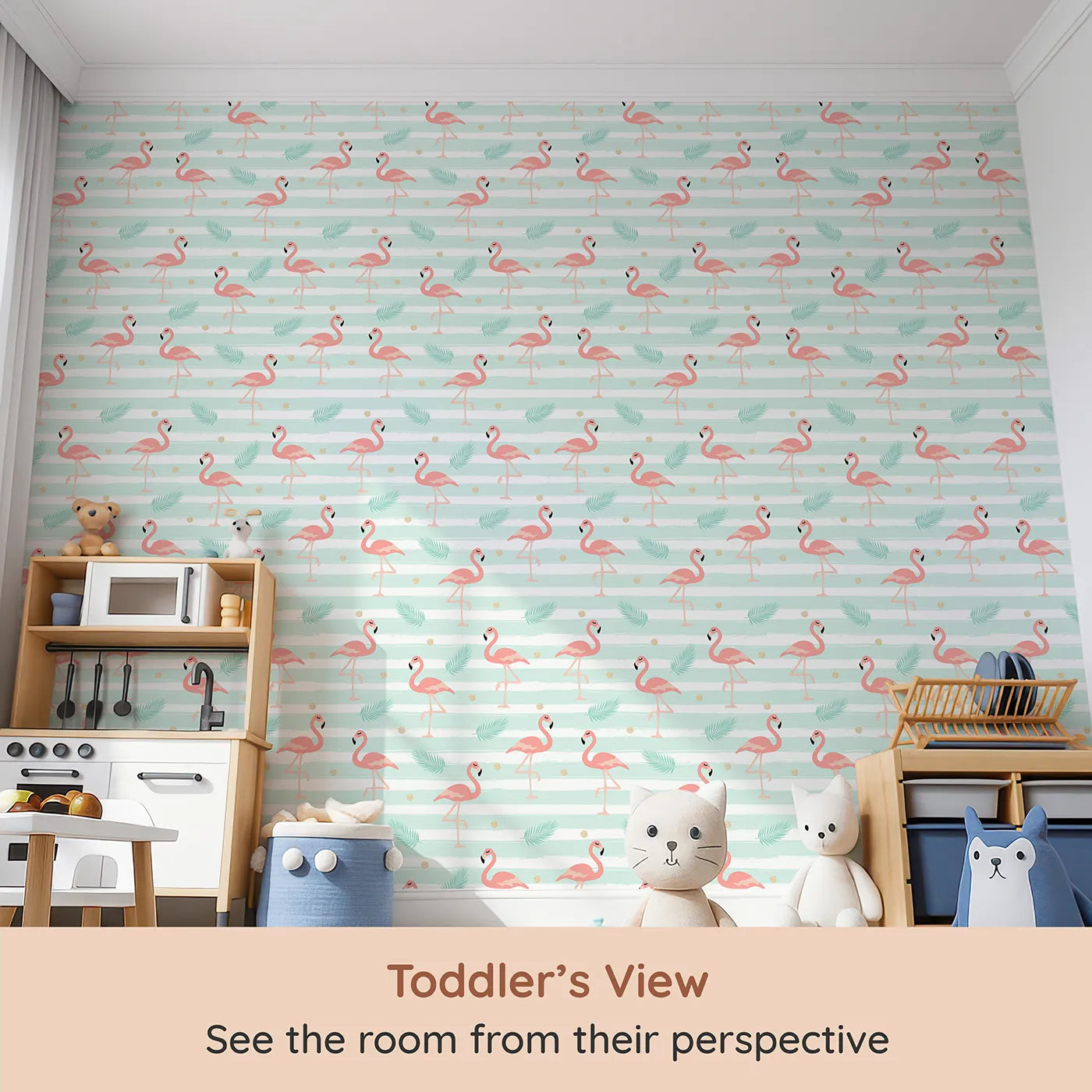 Whimsy Tots Flamingo Palm Parade Wallpaper in Mint Green (W3496) from your child's view.Playful flamingos strut between palm leaves and golden sparkle dots.