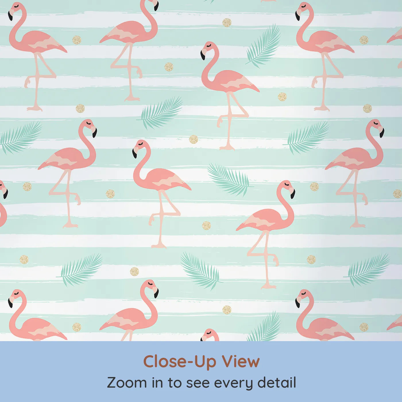 Close-up view of Whimsy Tots' Flamingo Palm Parade Wallpaper in Mint Green (W3496).Playful flamingos strut between palm leaves and golden sparkle dots.