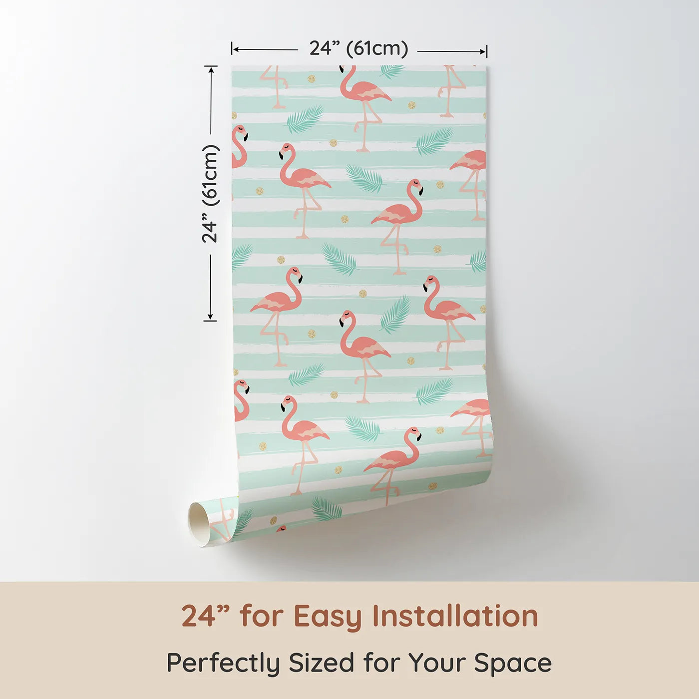 Dimension view of Whimsy Tots Flamingo Palm Parade Wallpaper in Mint Green (W3496). Printed in 24-inch-wide panel for easy installation. Playful flamingos strut between palm leaves and golden sparkle dots.