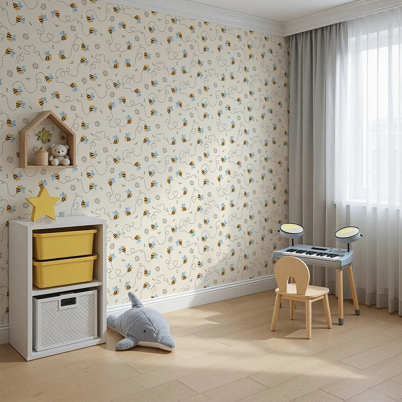Angled view of Whimsy Tots' Busy Bee Trail Wallpaper in Buttercream (W3497A).Cheerful bees zigzag across a warm buttercream sky with heart-shaped trails.