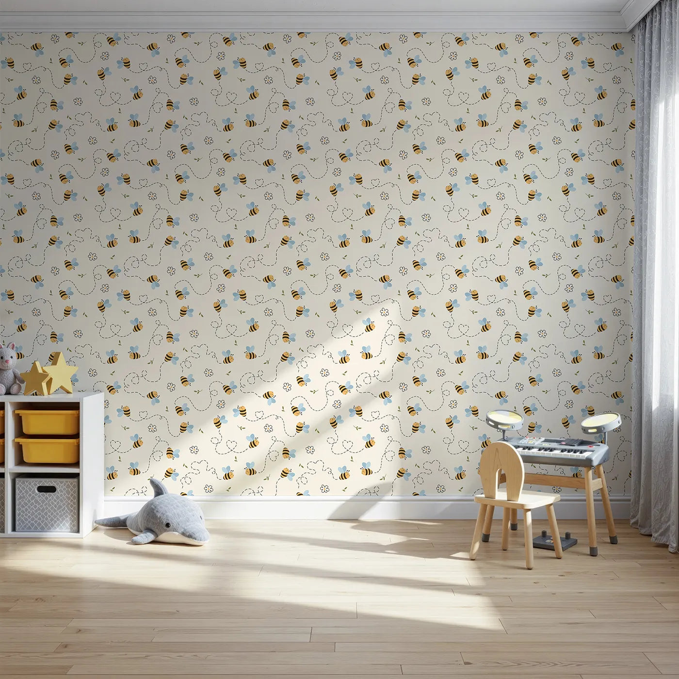 Front view of Whimsy Tots' Busy Bee Trail Wallpaper in Buttercream