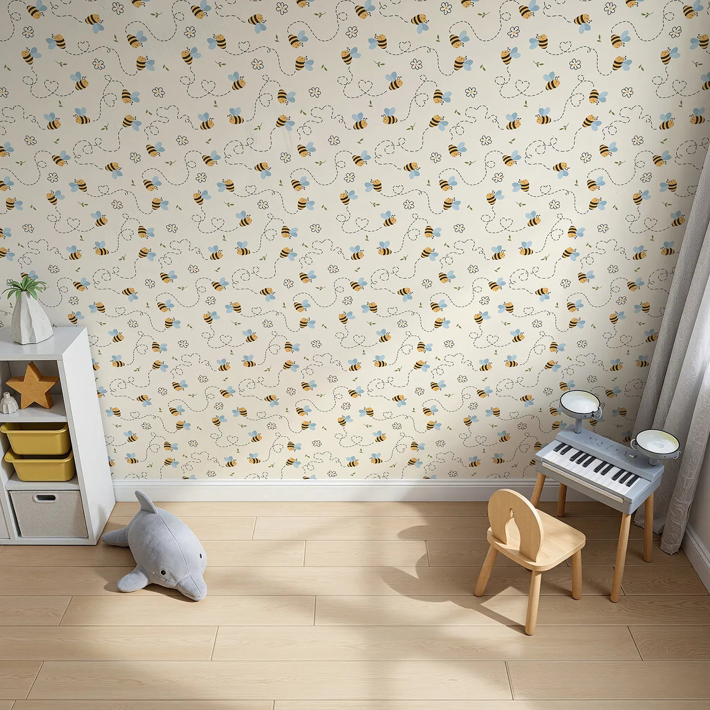 Top-Down view of Whimsy Tots' Busy Bee Trail Wallpaper in Buttercream (W3497A).Cheerful bees zigzag across a warm buttercream sky with heart-shaped trails.