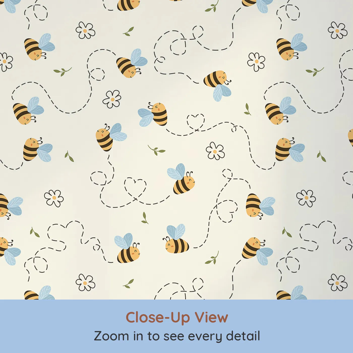Close-up view of Whimsy Tots' Busy Bee Trail Wallpaper in Buttercream (W3497A).Cheerful bees zigzag across a warm buttercream sky with heart-shaped trails.