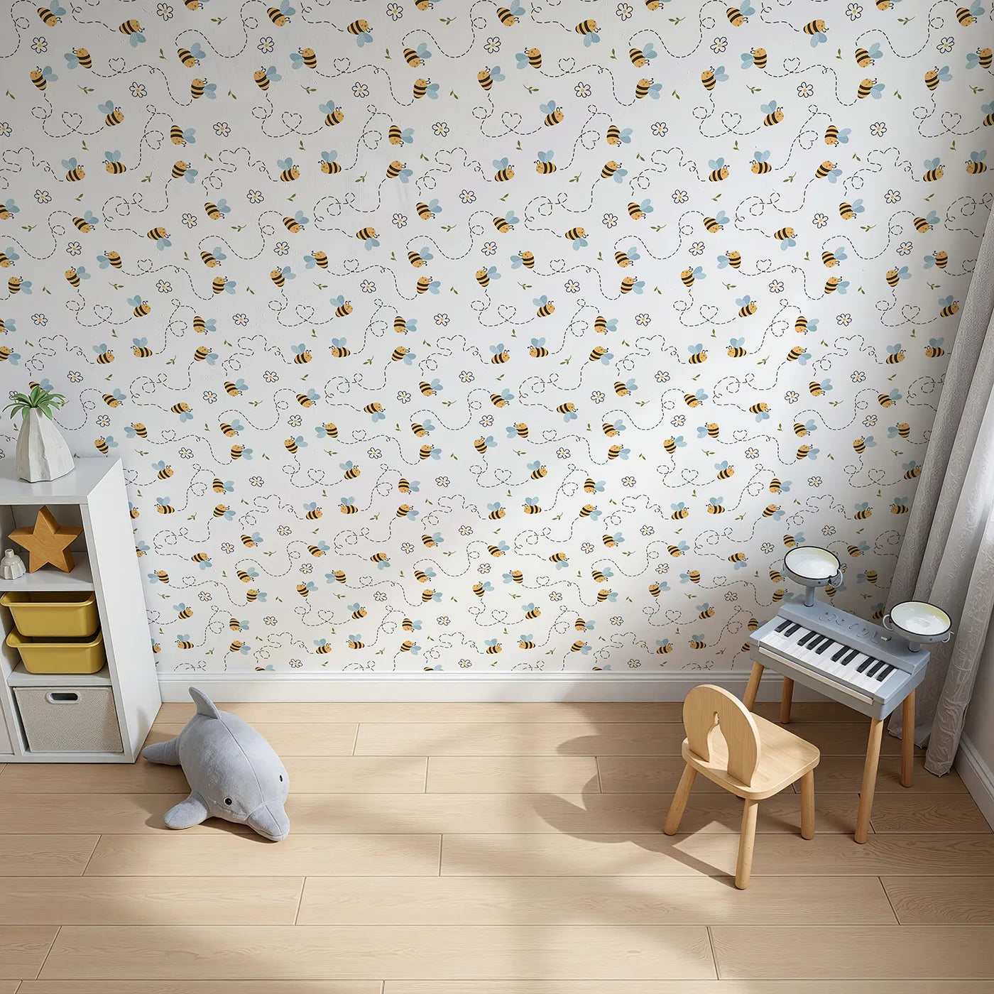 Top-Down view of Whimsy Tots' Busy Bee Trail Wallpaper in Bright White (W3497B).Playful bees zoom across a fresh white sky, leaving heart-shaped trails.