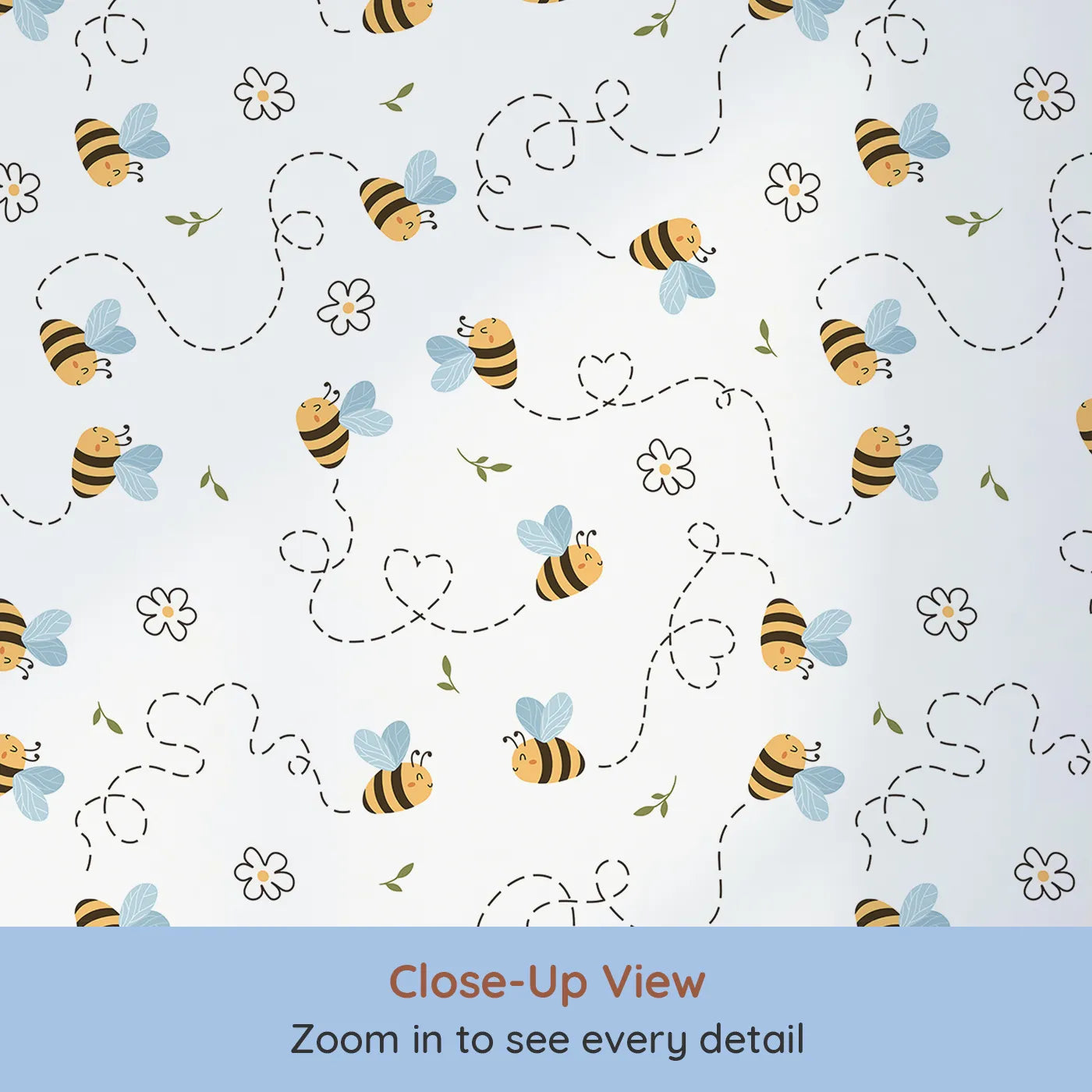 Close-up view of Whimsy Tots' Busy Bee Trail Wallpaper in Bright White (W3497B).Playful bees zoom across a fresh white sky, leaving heart-shaped trails.