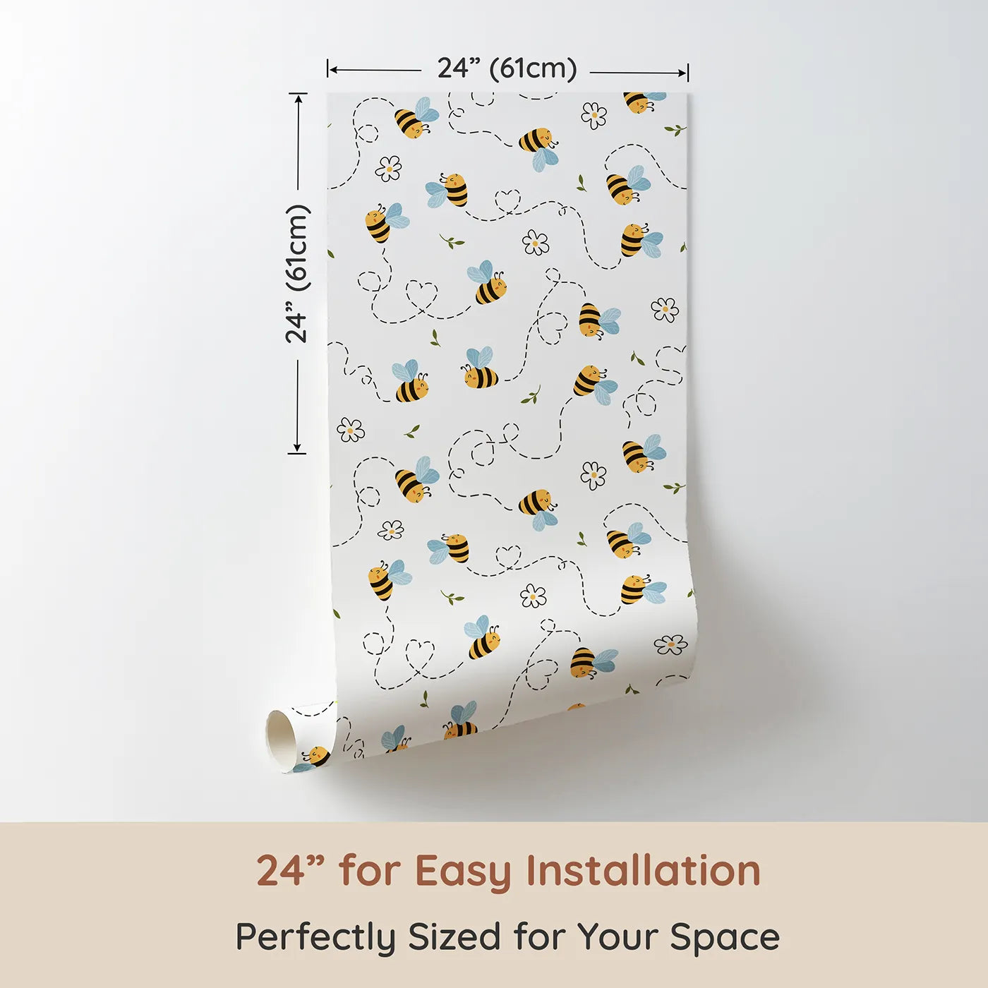 Dimension view of Whimsy Tots Busy Bee Trail Wallpaper in Bright White (W3497B). Printed in 24-inch-wide panel for easy installation. Playful bees zoom across a fresh white sky, leaving heart-shaped trails.