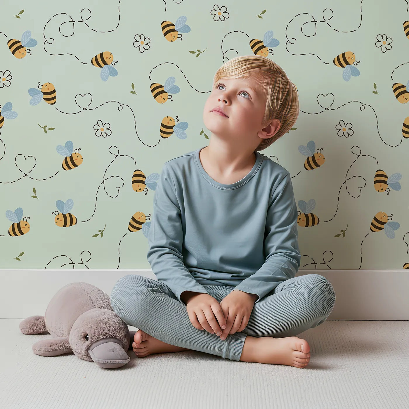 Lovely child standing in front of Whimsy Tots Busy Bee Trail Wallpaper in Mint Green with bee, flower, leaf, heart, trail in design.