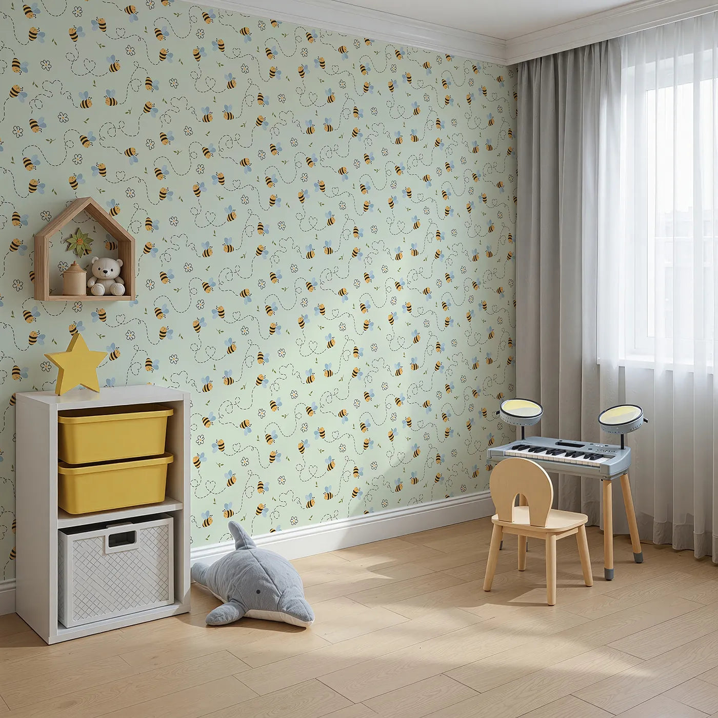 Angled view of Whimsy Tots' Busy Bee Trail Wallpaper in Mint Green (W3497C).Smiling bees dance through minty skies with flower trails and leafy cheer.