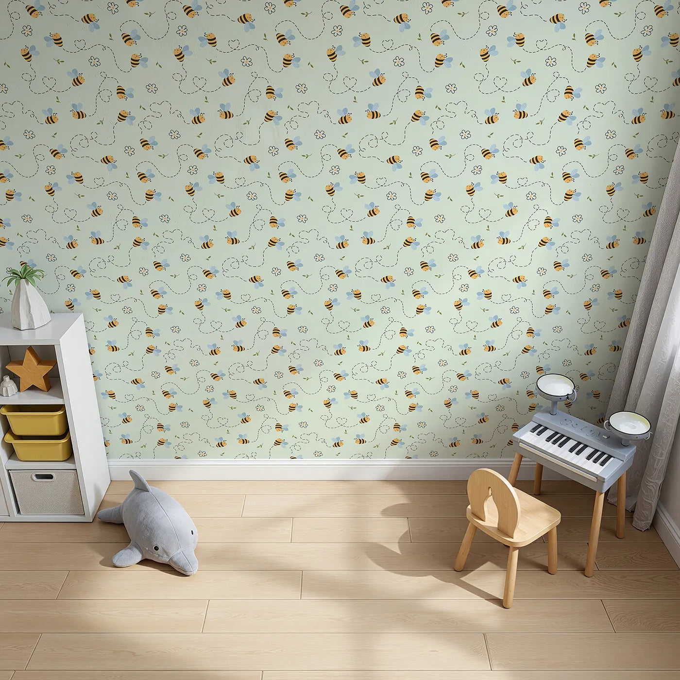 Top-Down view of Whimsy Tots' Busy Bee Trail Wallpaper in Mint Green (W3497C).Smiling bees dance through minty skies with flower trails and leafy cheer.