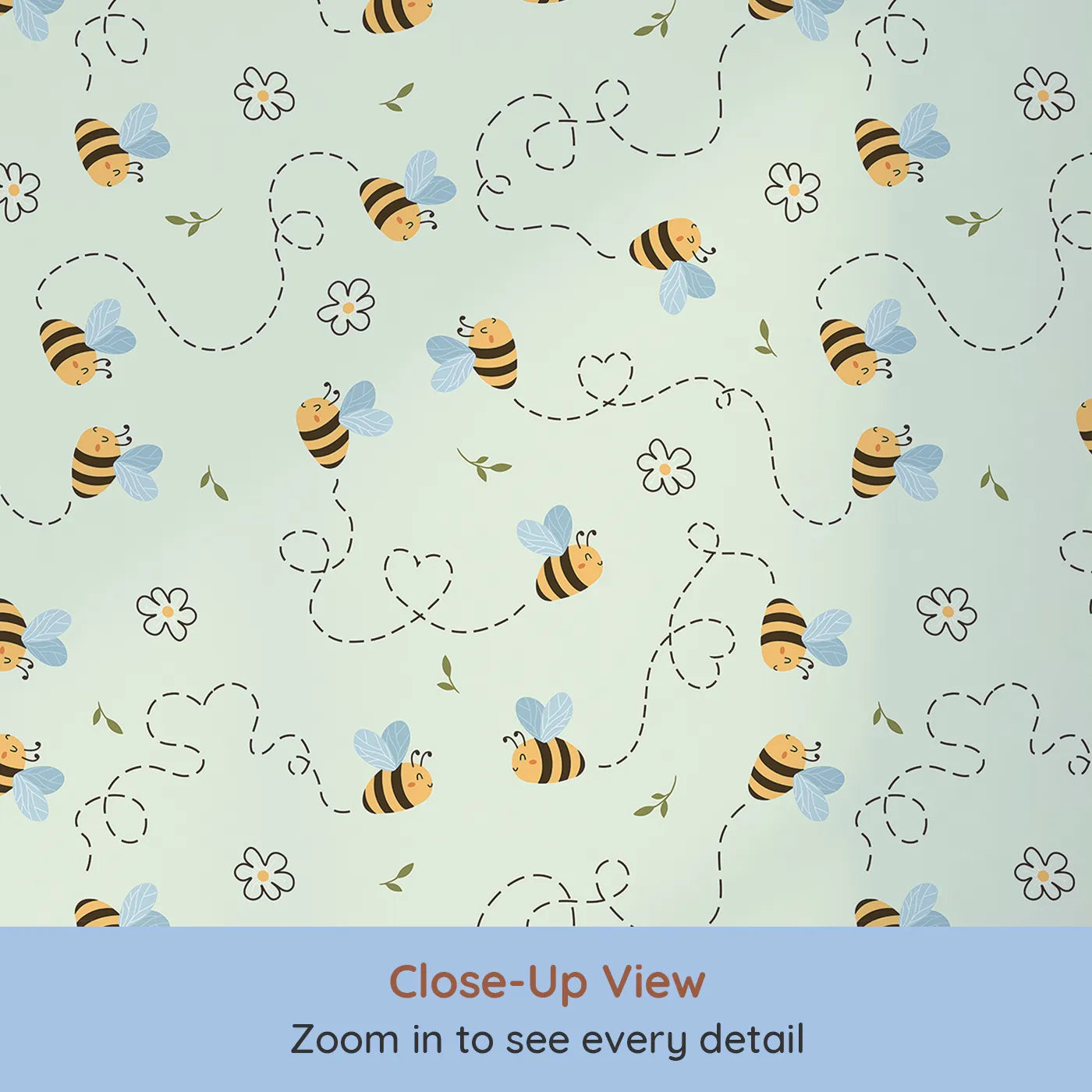 Close-up view of Whimsy Tots' Busy Bee Trail Wallpaper in Mint Green (W3497C).Smiling bees dance through minty skies with flower trails and leafy cheer.