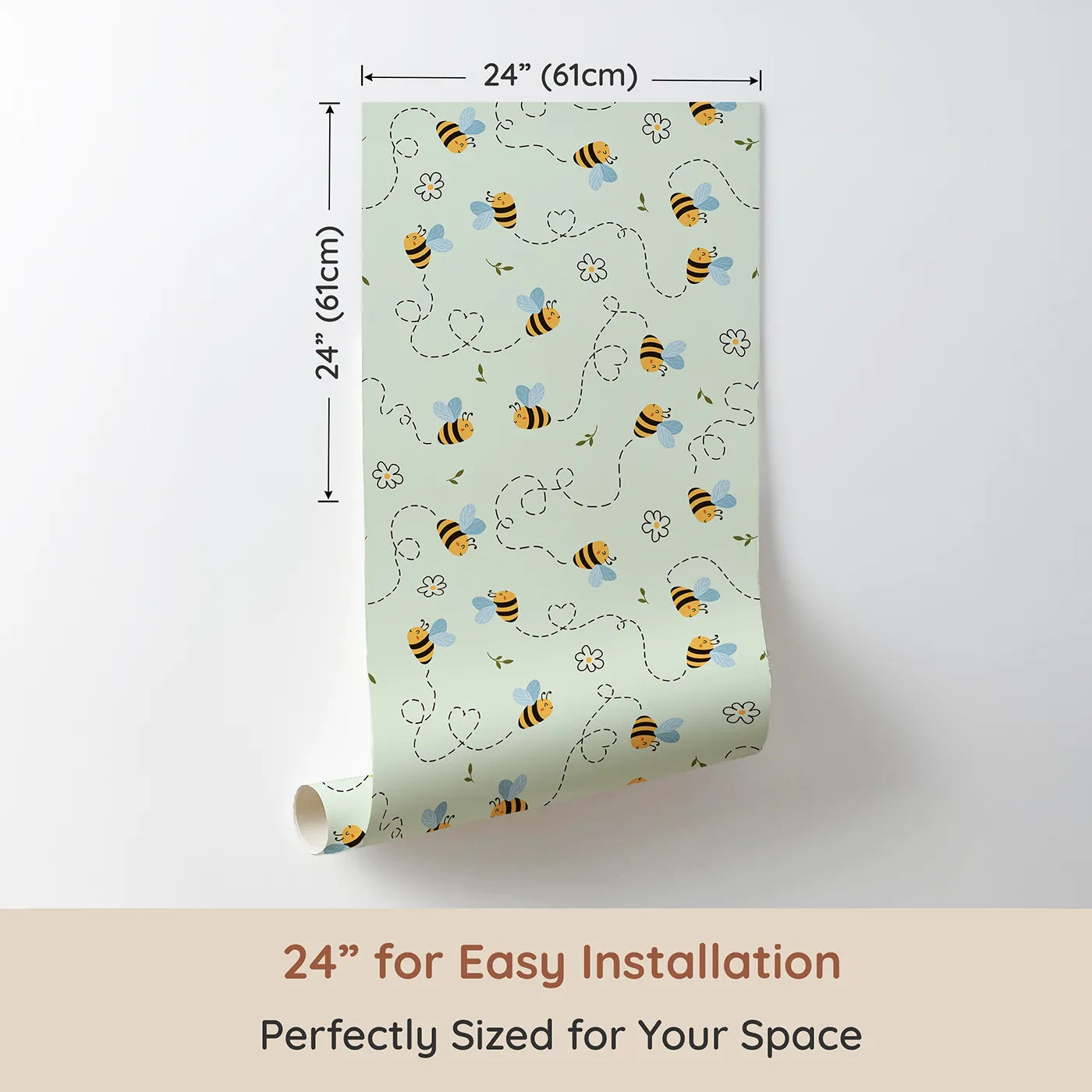 Dimension view of Whimsy Tots Busy Bee Trail Wallpaper in Mint Green (W3497C). Printed in 24-inch-wide panel for easy installation. Smiling bees dance through minty skies with flower trails and leafy cheer.
