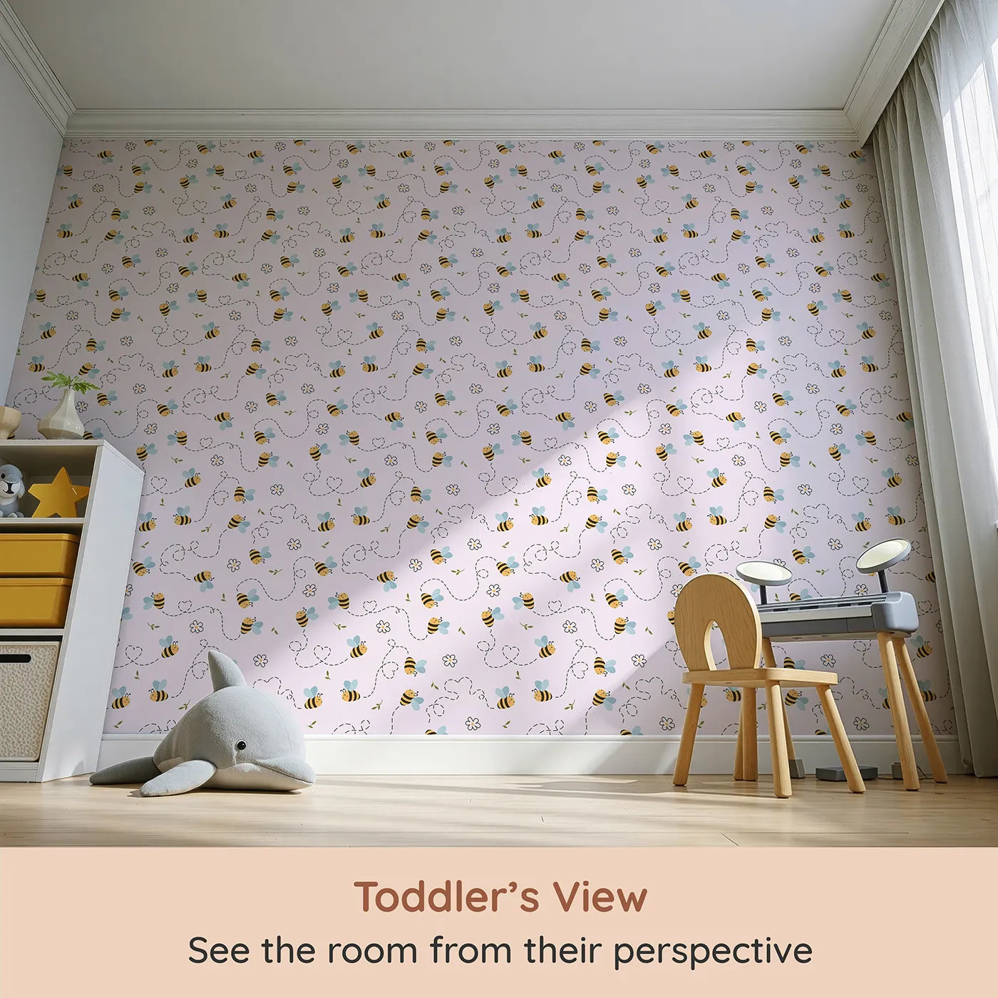 Whimsy Tots Busy Bee Trail Wallpaper in Blush Pink (W3497D) from your child's view.Smiling bees and hearts flutter over a gentle pink sky of flowers and joy.