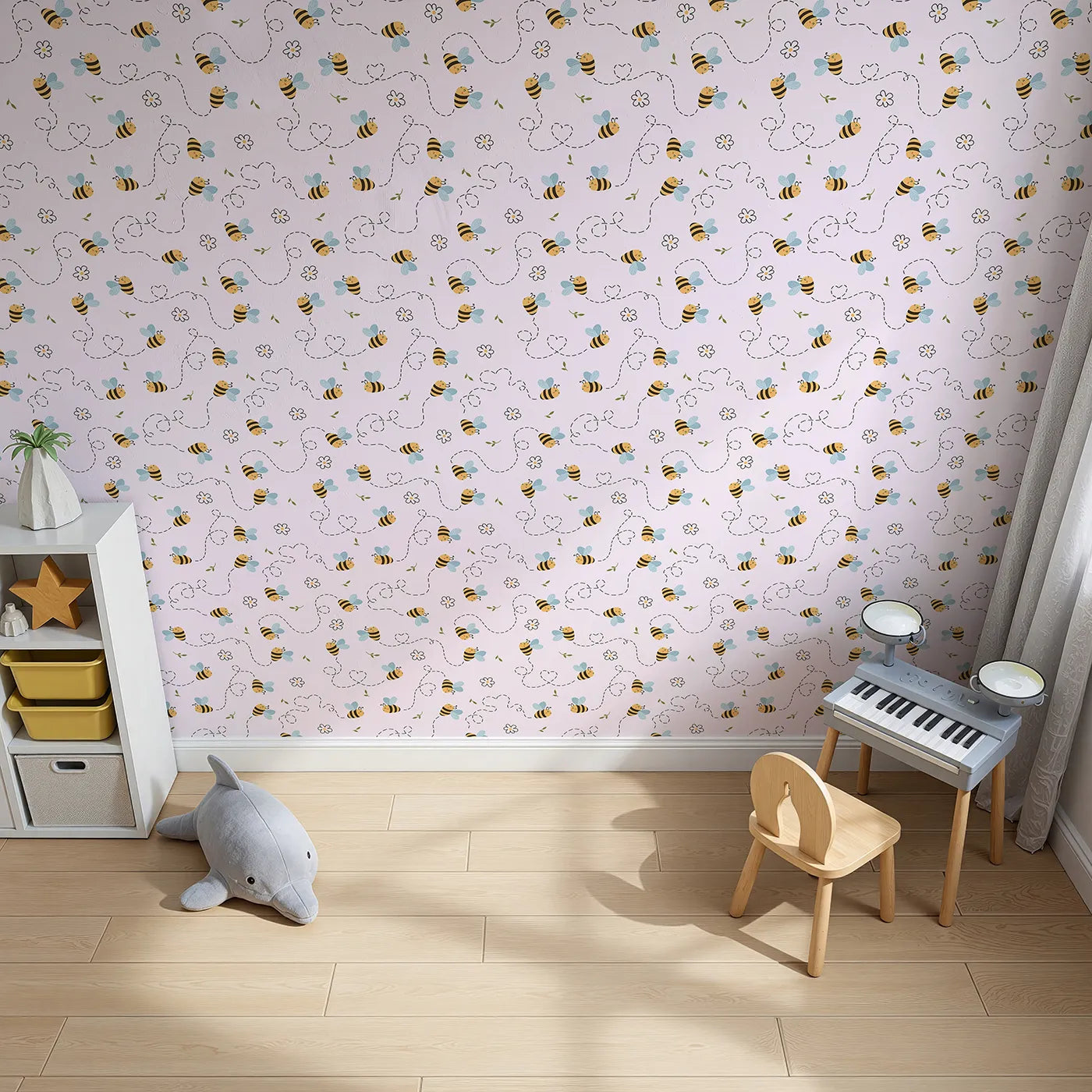 Top-Down view of Whimsy Tots' Busy Bee Trail Wallpaper in Blush Pink (W3497D).Smiling bees and hearts flutter over a gentle pink sky of flowers and joy.