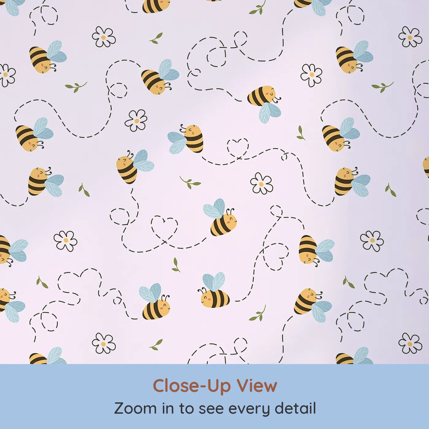 Close-up view of Whimsy Tots' Busy Bee Trail Wallpaper in Blush Pink (W3497D).Smiling bees and hearts flutter over a gentle pink sky of flowers and joy.