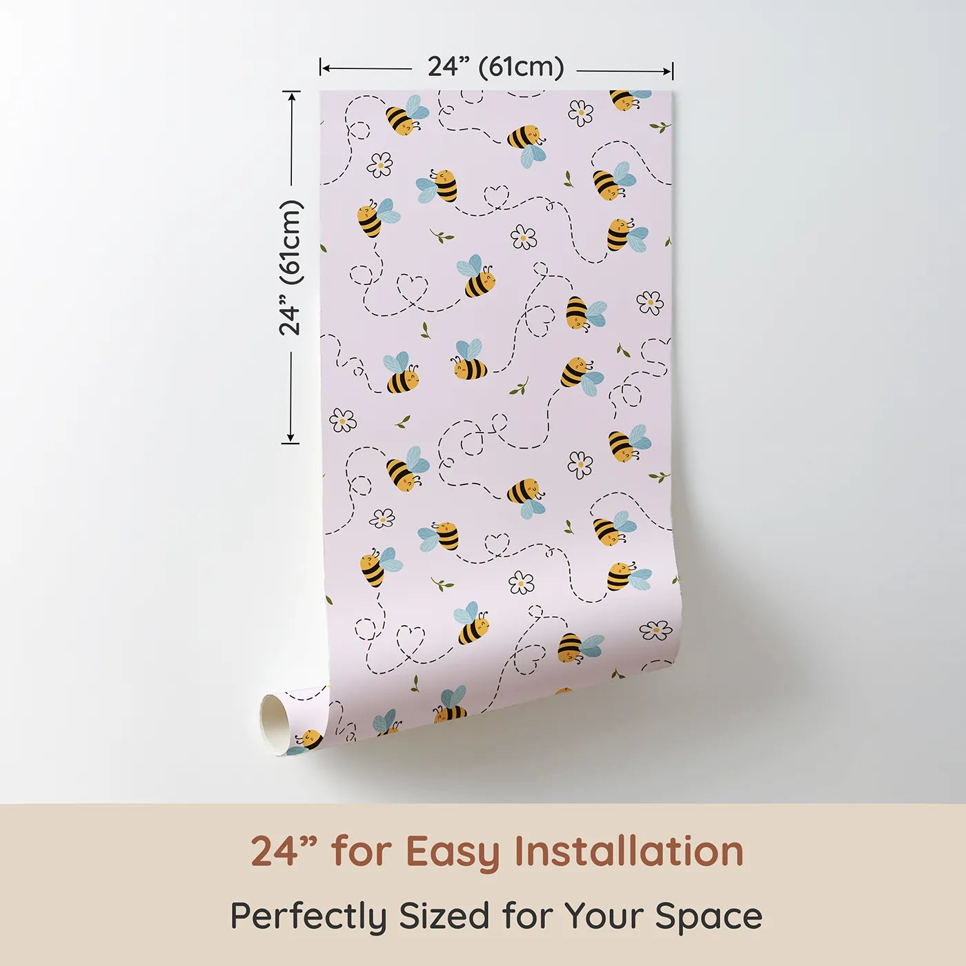 Dimension view of Whimsy Tots Busy Bee Trail Wallpaper in Blush Pink (W3497D). Printed in 24-inch-wide panel for easy installation. Smiling bees and hearts flutter over a gentle pink sky of flowers and joy.