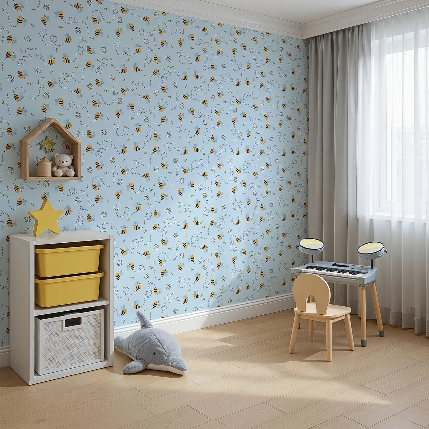 Angled view of Whimsy Tots' Busy Bee Trail Wallpaper in Sky Blue (W3497E).Bees zip joyfully across a soft blue sky with hearts and garden blooms.