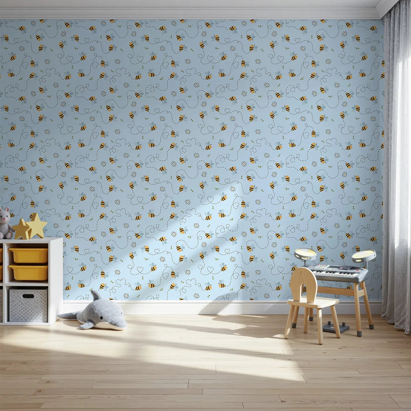 Front view of Whimsy Tots' Busy Bee Trail Wallpaper in Sky Blue