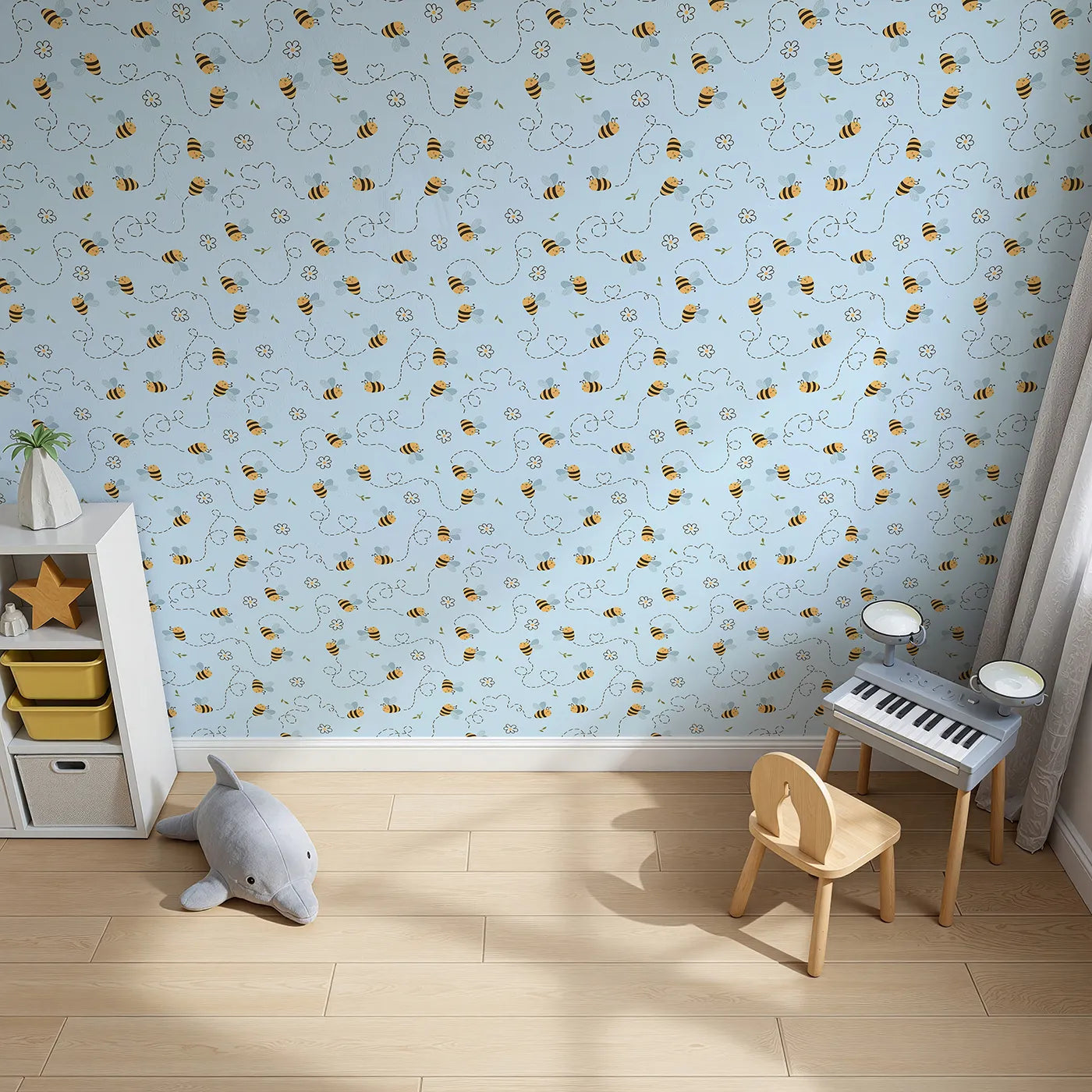 Top-Down view of Whimsy Tots' Busy Bee Trail Wallpaper in Sky Blue (W3497E).Bees zip joyfully across a soft blue sky with hearts and garden blooms.