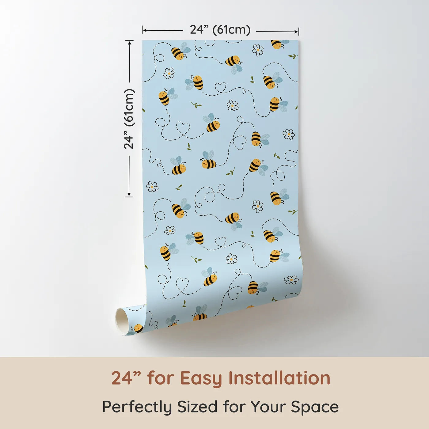Dimension view of Whimsy Tots Busy Bee Trail Wallpaper in Sky Blue (W3497E). Printed in 24-inch-wide panel for easy installation. Bees zip joyfully across a soft blue sky with hearts and garden blooms.