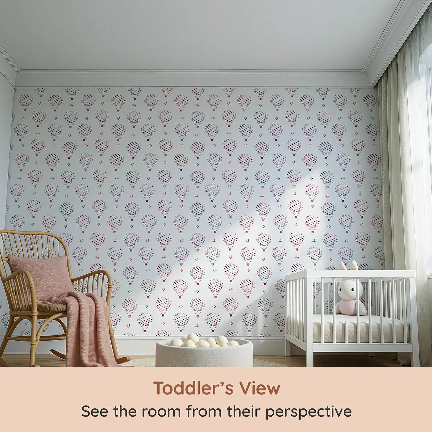 Whimsy Tots Starry Balloon Festival Wallpaper (W3499) from your child's view.Patriotic hot air balloons float gently through a sky of red, white, and blue.