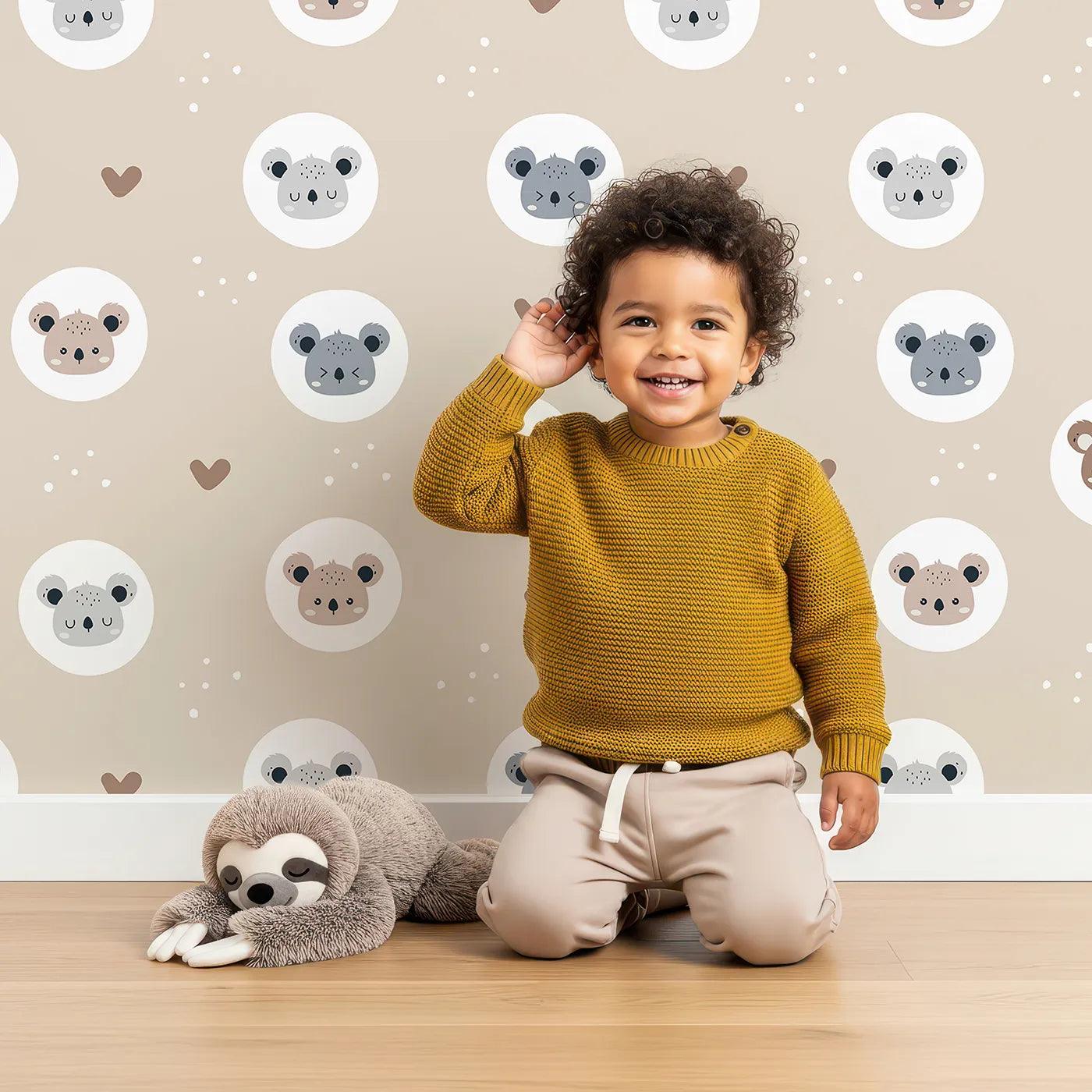 Lovely child standing in front of Whimsy Tots Cuddly Koala Circle Wallpaper in Soft Beige with koala, heart, circle, dot, face in design.