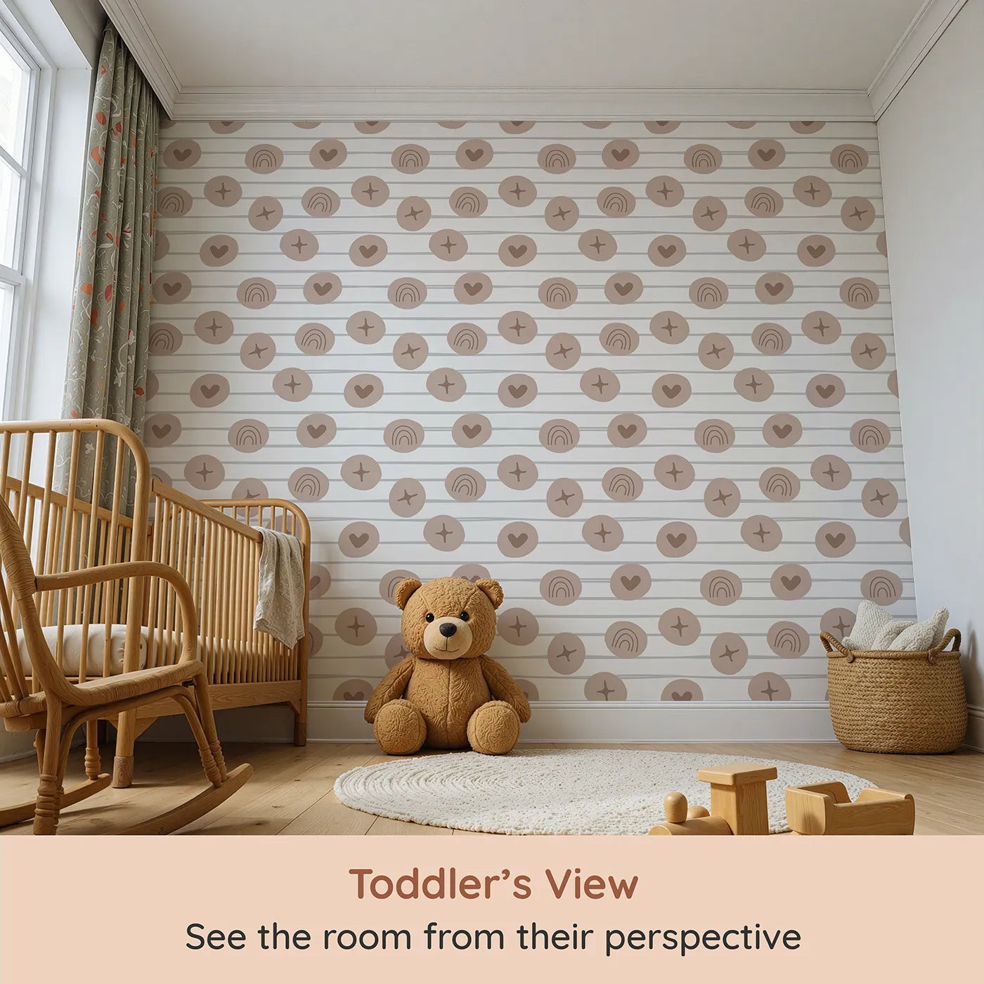 Whimsy Tots Boho Rhythm Doodle Wallpaper in Soft White (W3501A) from your child's view.Whimsical shapes dance gently across a soft white sky.