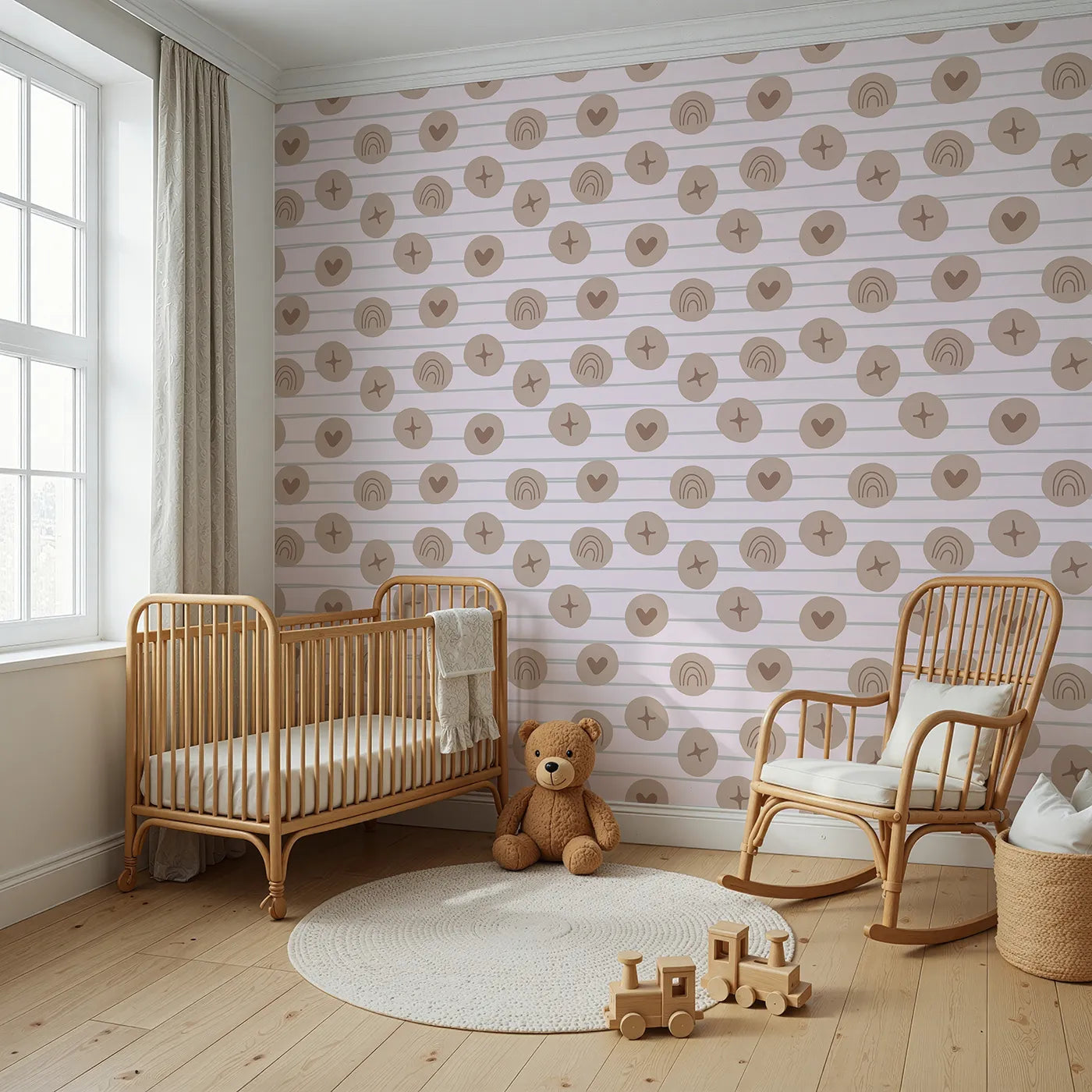 Angled view of Whimsy Tots' Boho Rhythm Doodle Wallpaper in Soft Blush Pink (W3501B).Taupe doodles float gently on a warm blush backdrop.