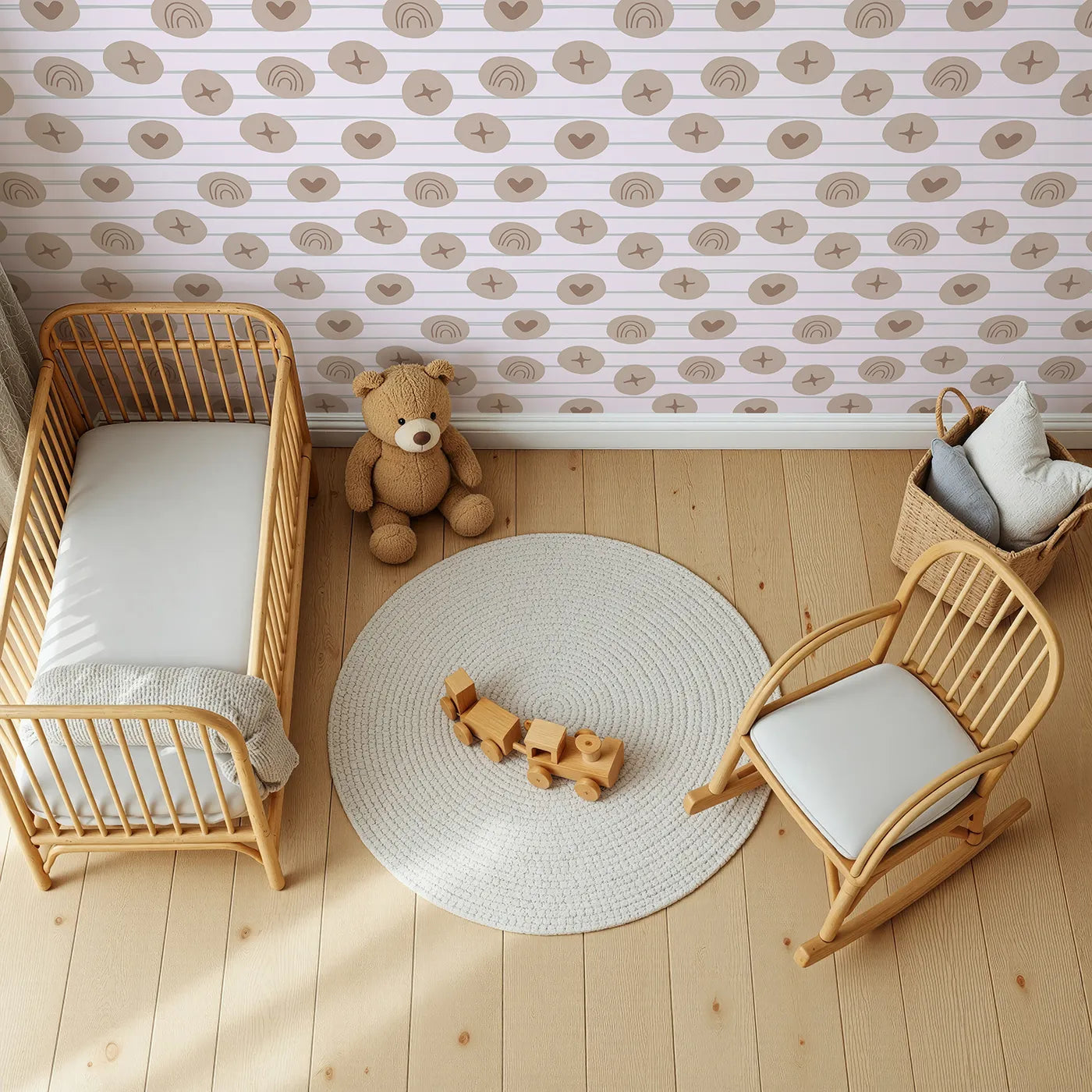Top-Down view of Whimsy Tots' Boho Rhythm Doodle Wallpaper in Soft Blush Pink (W3501B).Taupe doodles float gently on a warm blush backdrop.