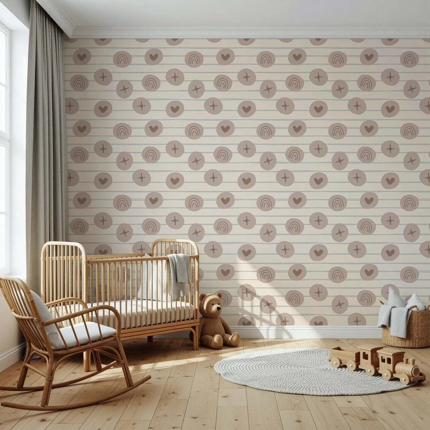 Front view of Whimsy Tots' Boho Rhythm Doodle Wallpaper in Soft Beige
