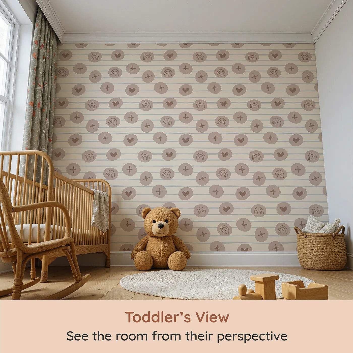 Whimsy Tots Boho Rhythm Doodle Wallpaper in Soft Beige (W3501C) from your child's view.Warm doodles dance gently across a soft beige canvas.