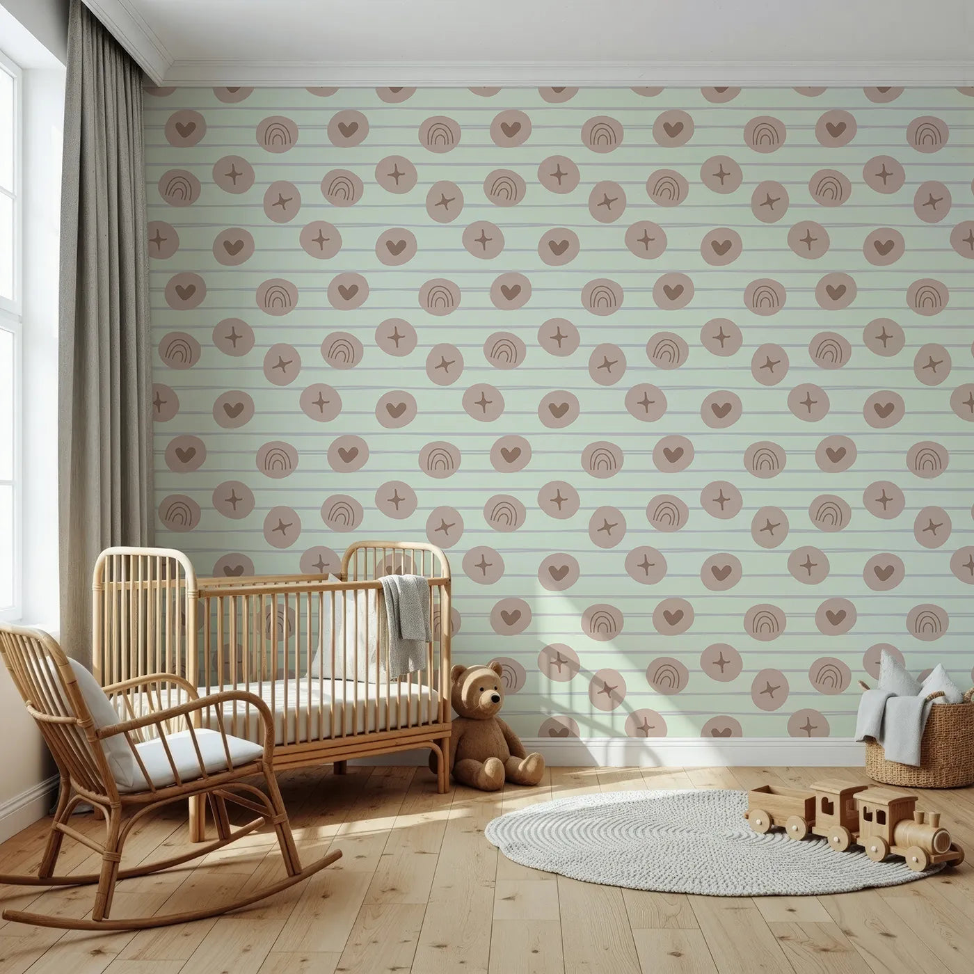 Front view of Whimsy Tots' Boho Rhythm Doodle Wallpaper in Mint Green