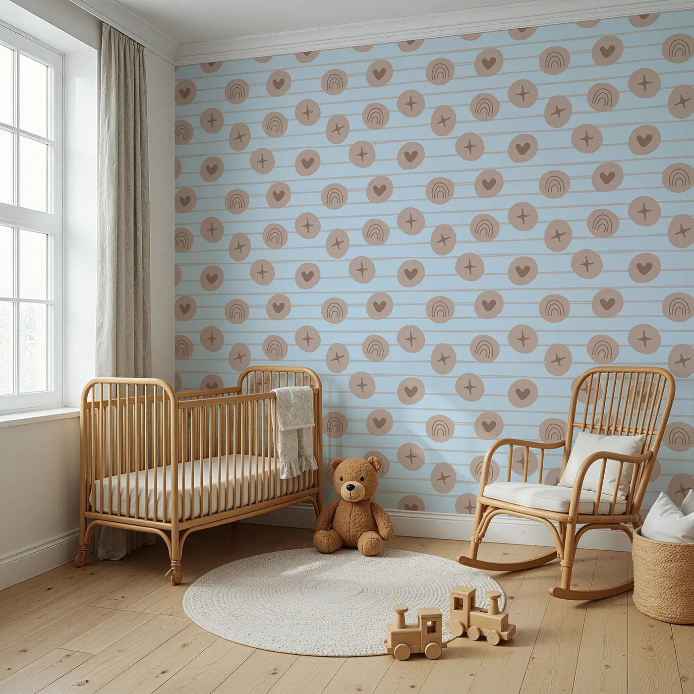 Angled view of Whimsy Tots' Boho Rhythm Doodle Wallpaper in Sky Blue (W3501E).Earthy doodles drift across a light blue boho sky.