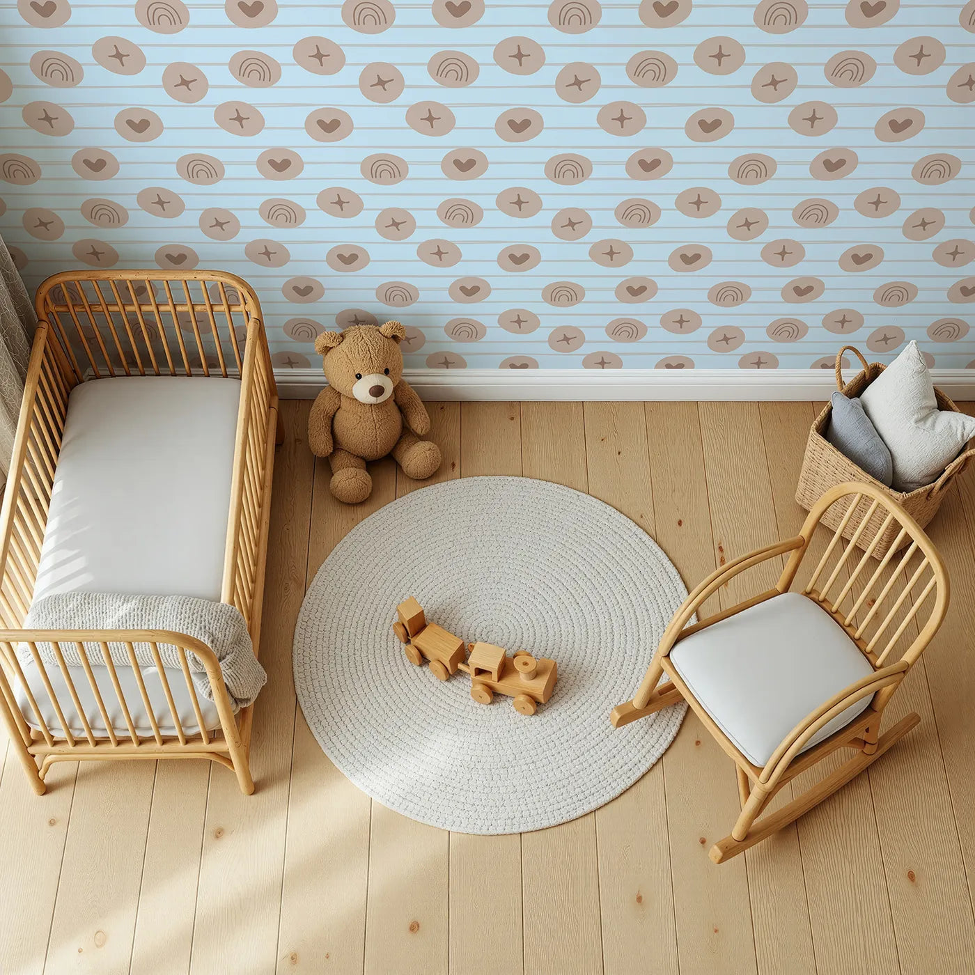 Top-Down view of Whimsy Tots' Boho Rhythm Doodle Wallpaper in Sky Blue (W3501E).Earthy doodles drift across a light blue boho sky.