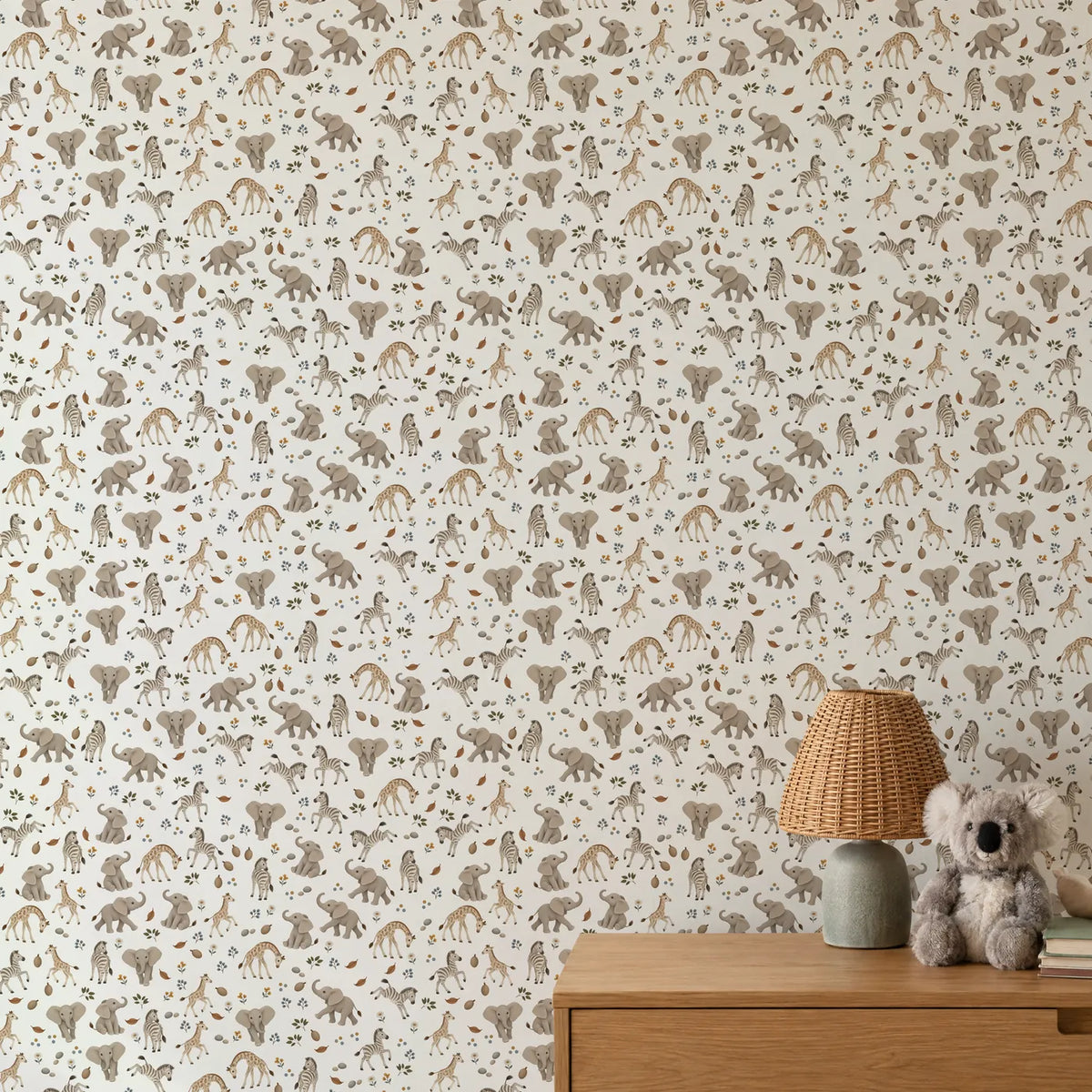 Gouache wallpaper of baby elephants, giraffes and zebras on warm cream, on a wall, close up, by Whimsy Tots