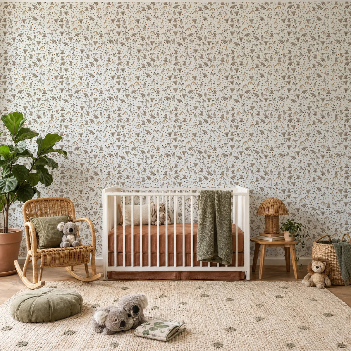 Gouache wallpaper of baby elephants, giraffes and zebras on warm cream, in a styled room, by Whimsy Tots