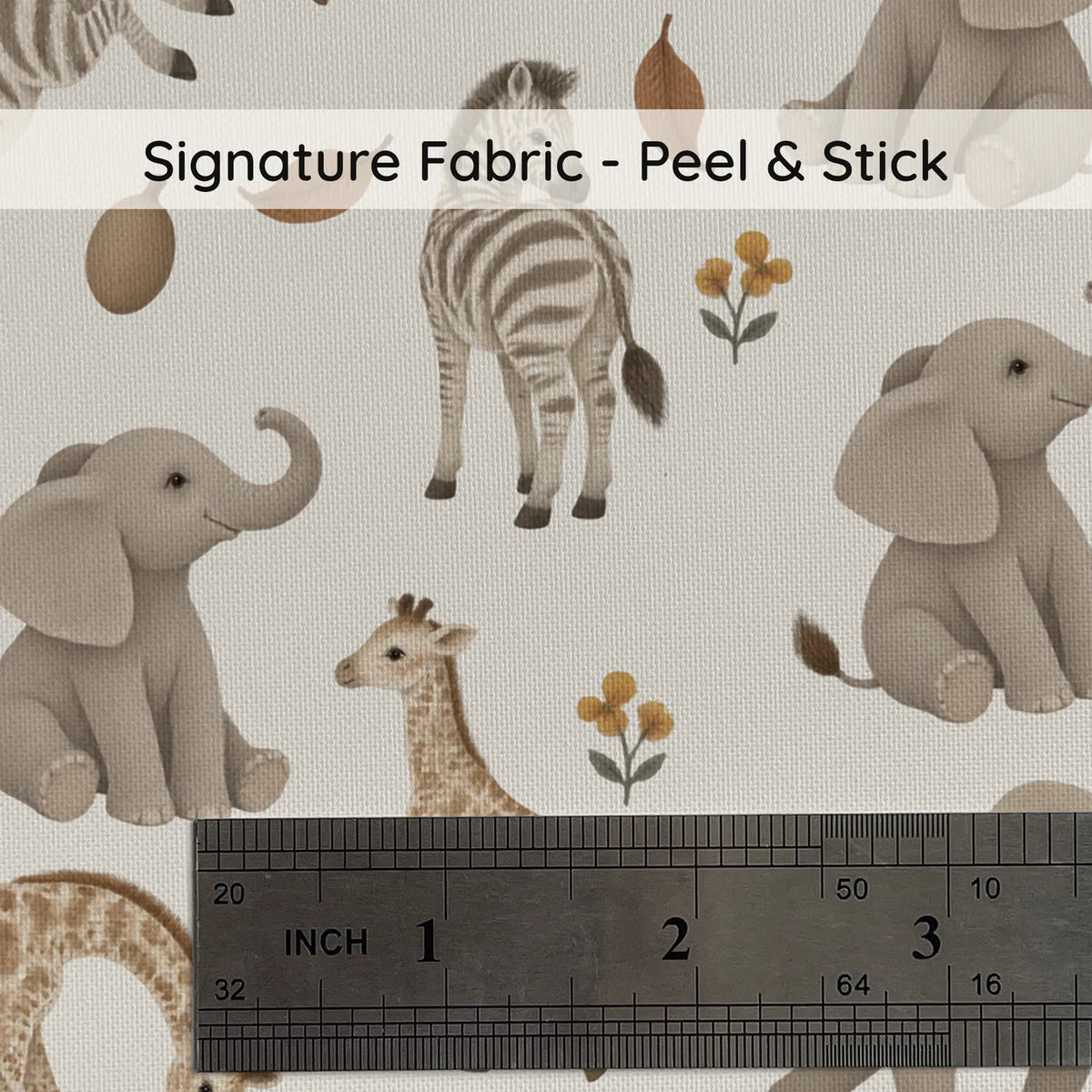 Gouache wallpaper of baby elephants, giraffes and zebras on warm cream, print close-up at true size, by Whimsy Tots