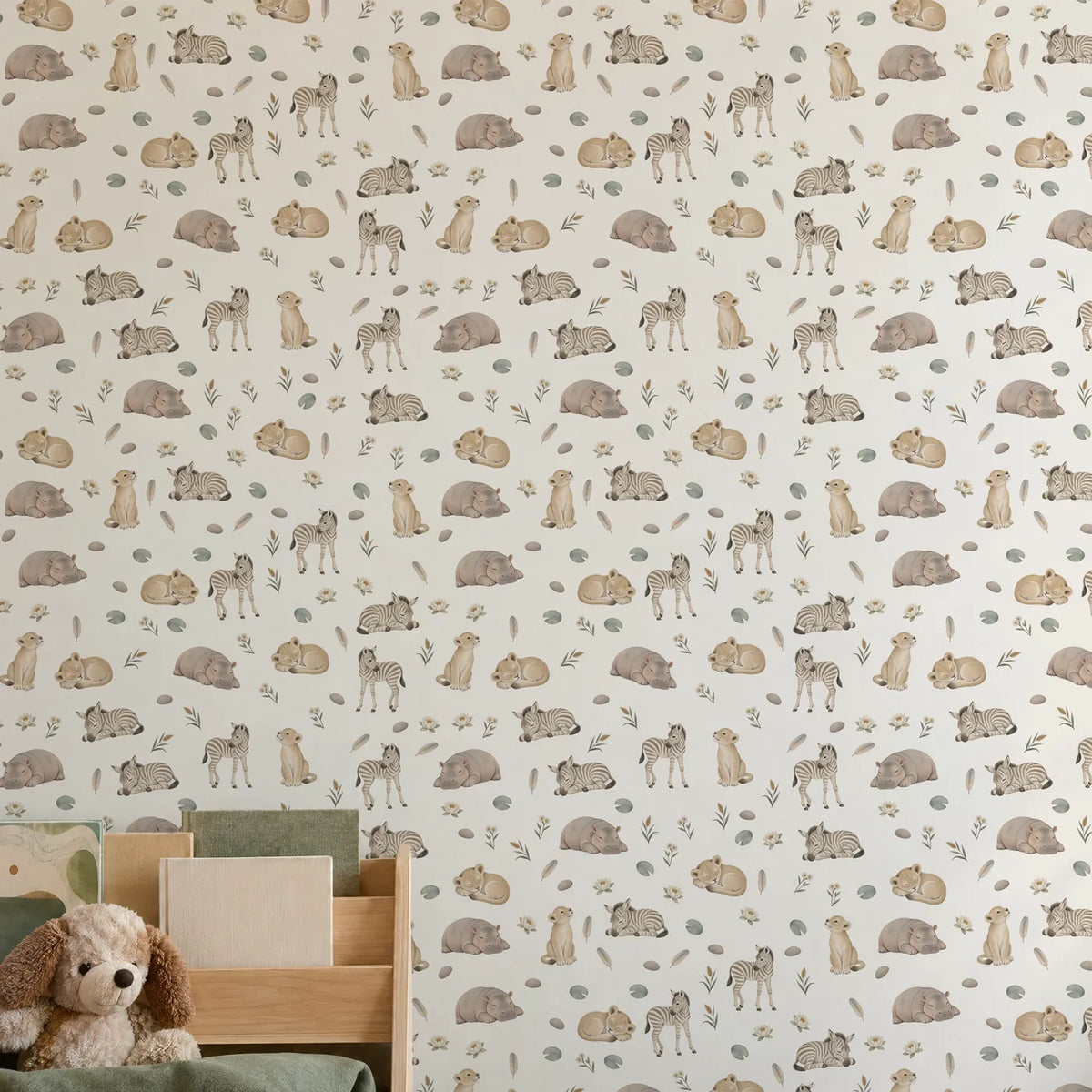 Watercolor wallpaper of sleeping zebra foals, lion cubs and hippos on cream, on a wall, close up, by Whimsy Tots