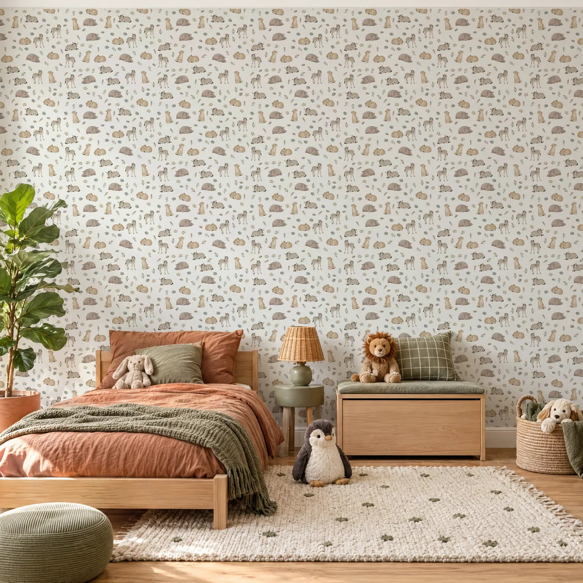 Watercolor wallpaper of sleeping zebra foals, lion cubs and hippos on cream, in a styled room, by Whimsy Tots