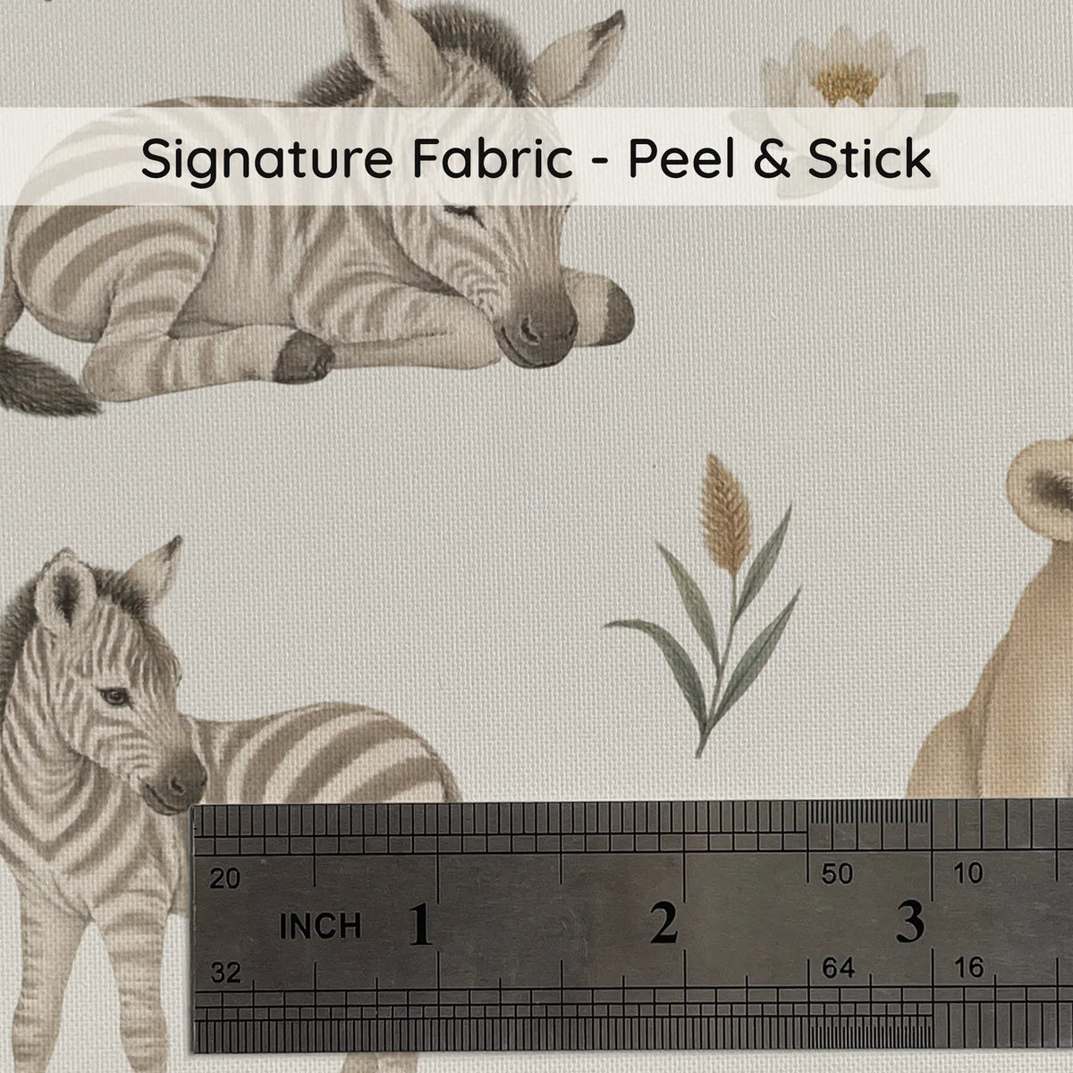 Watercolor wallpaper of sleeping zebra foals, lion cubs and hippos on cream, print close-up at true size, by Whimsy Tots