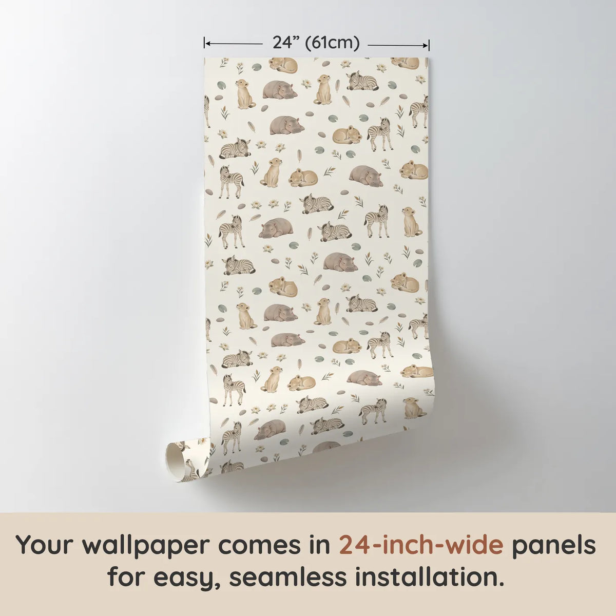 Watercolor wallpaper of sleeping zebra foals, lion cubs and hippos on cream, one 24 inch panel, by Whimsy Tots