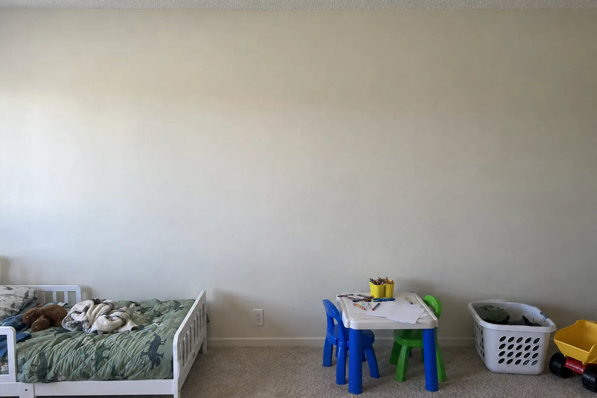 Watercolor wallpaper of sleeping zebra foals, lion cubs and hippos on cream, the same room before, by Whimsy Tots