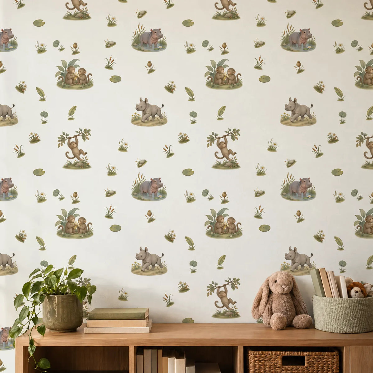 Storybook wallpaper of a hippo, a rhino calf and monkeys on grassy islands, on a wall, close up, by Whimsy Tots