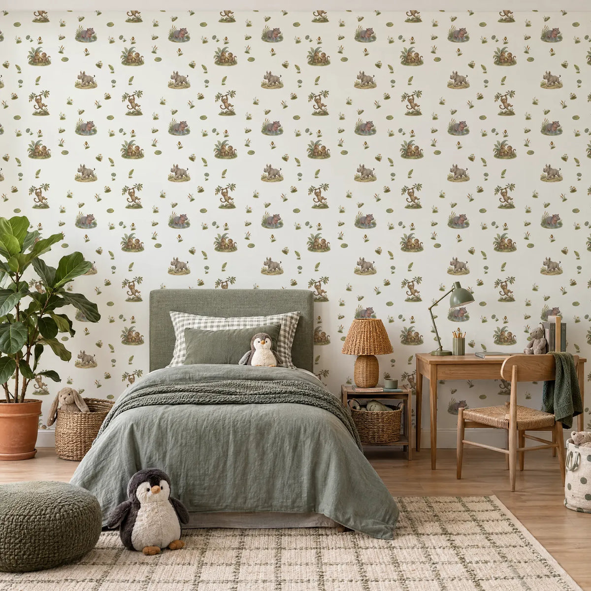 Storybook wallpaper of a hippo, a rhino calf and monkeys on grassy islands, in a styled room, by Whimsy Tots