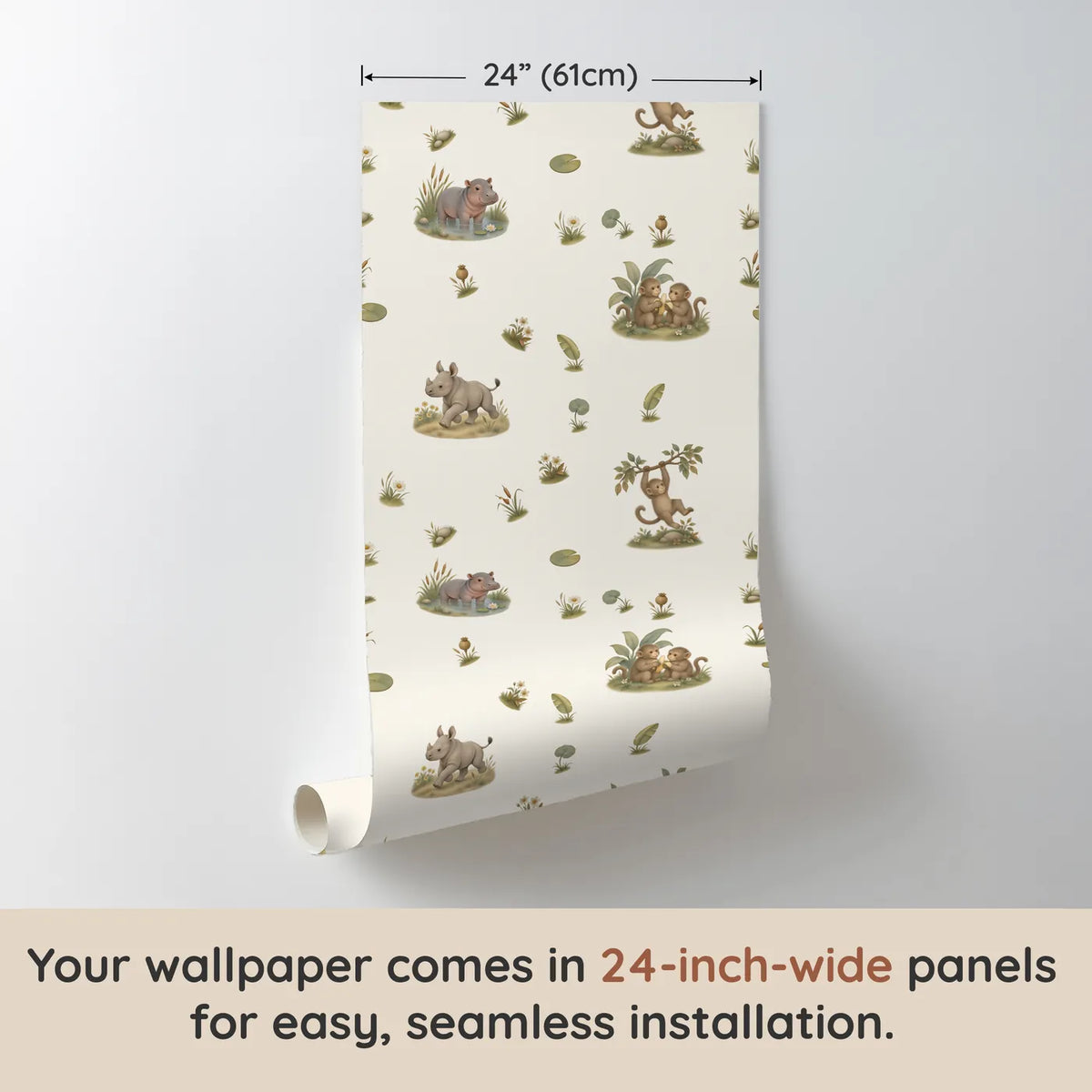 Storybook wallpaper of a hippo, a rhino calf and monkeys on grassy islands, one 24 inch panel, by Whimsy Tots