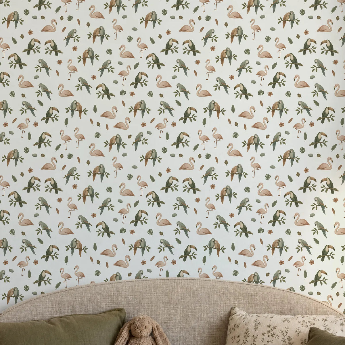 Gouache wallpaper of resting flamingos, parrots and toucans, on a wall, close up, by Whimsy Tots