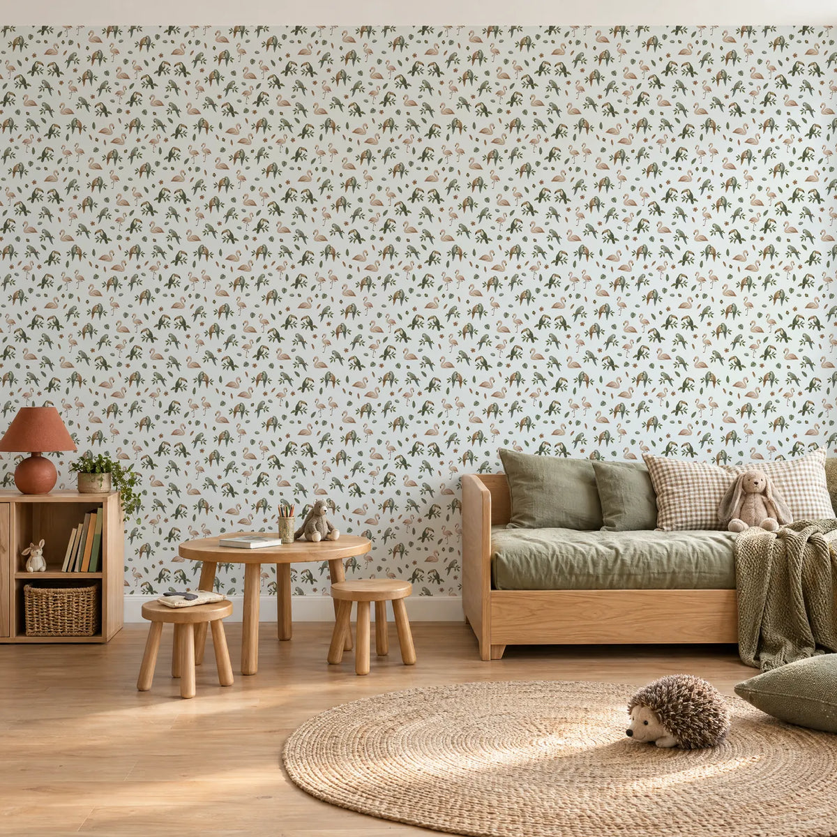 Gouache wallpaper of resting flamingos, parrots and toucans, in a styled room, by Whimsy Tots