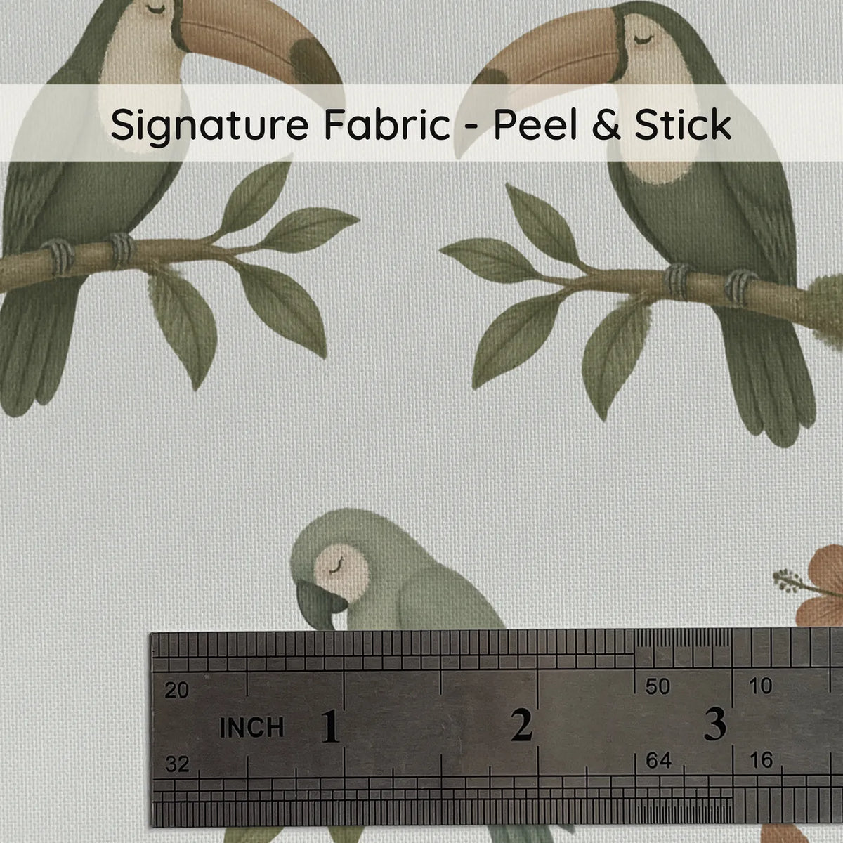 Gouache wallpaper of resting flamingos, parrots and toucans, print close-up at true size, by Whimsy Tots