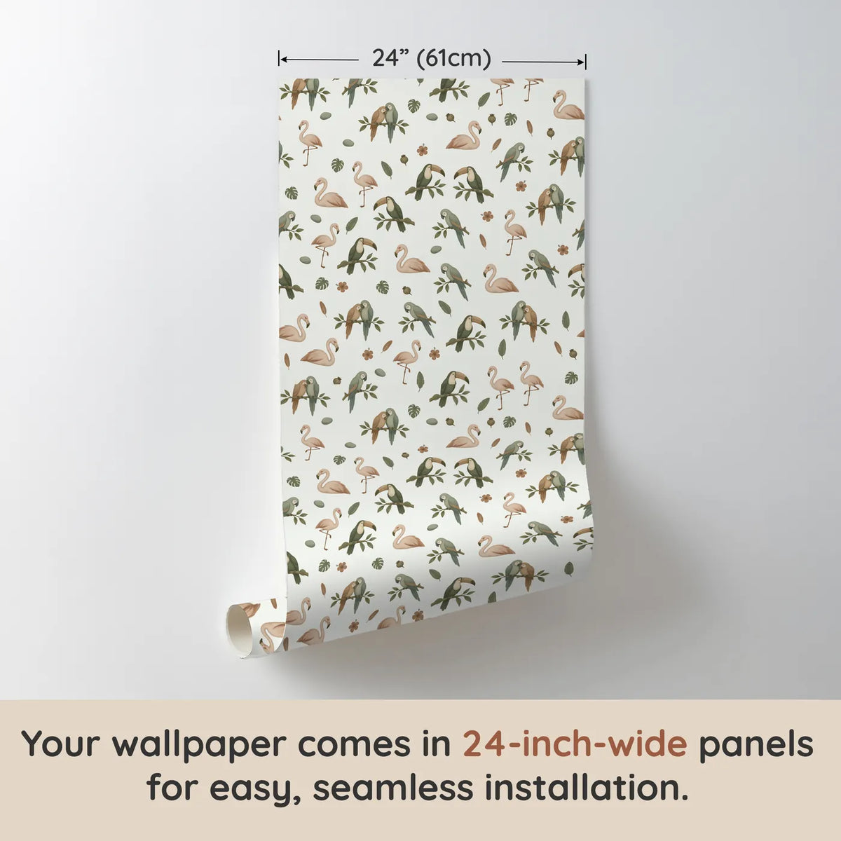Gouache wallpaper of resting flamingos, parrots and toucans, one 24 inch panel, by Whimsy Tots