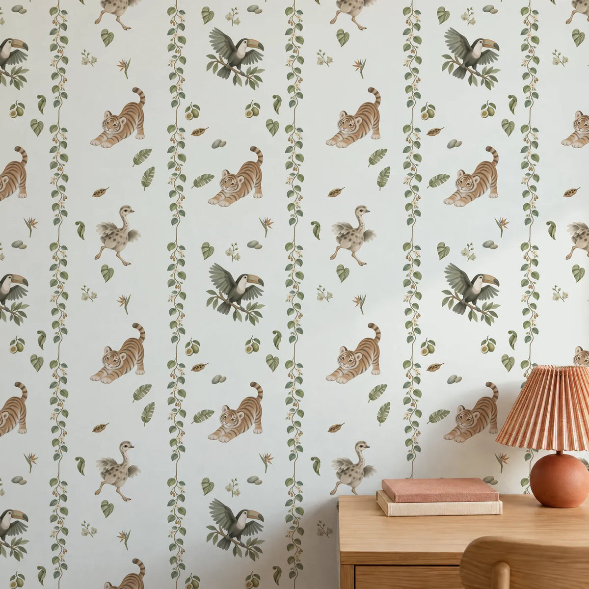 Watercolor wallpaper of jungle vine stripes with tiger cubs and a toucan, on a wall, close up, by Whimsy Tots